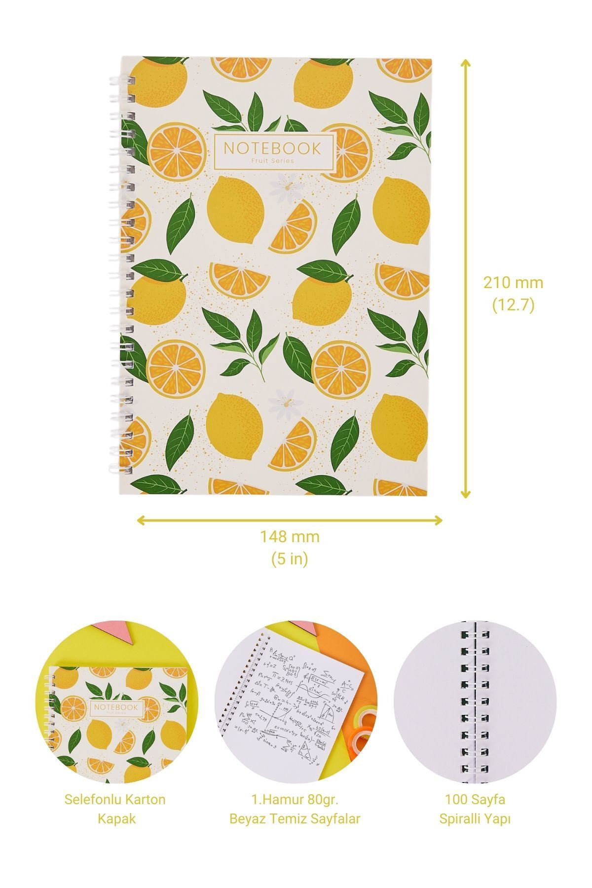 Copyder-White Lemon Printed Spiral A5 Unlined 100 Sheets School Notebook 4