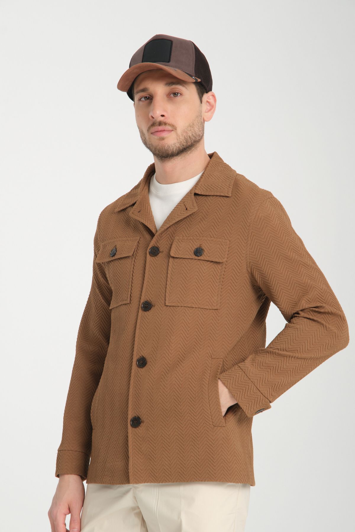 Frappoli-Lores Men's Mustard Overshirt Stretching Pattern Fabric Spring Trench Jacket-Mont 1