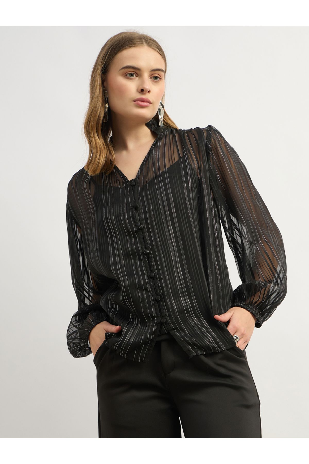 Styli-Striped Balloon Sleeve V-Neck Blouse 2