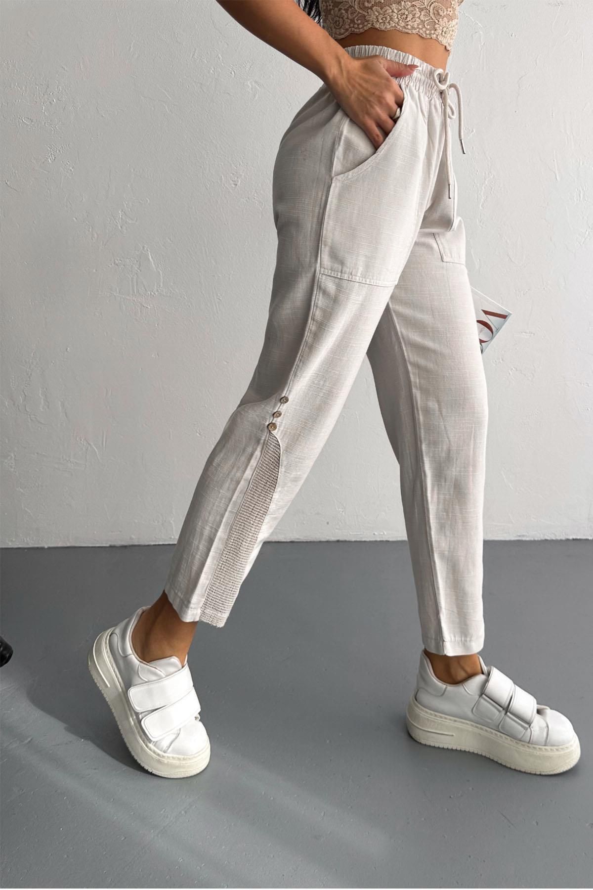 İstangül Butik-Linen Trousers with Mesh and Button Detail 1