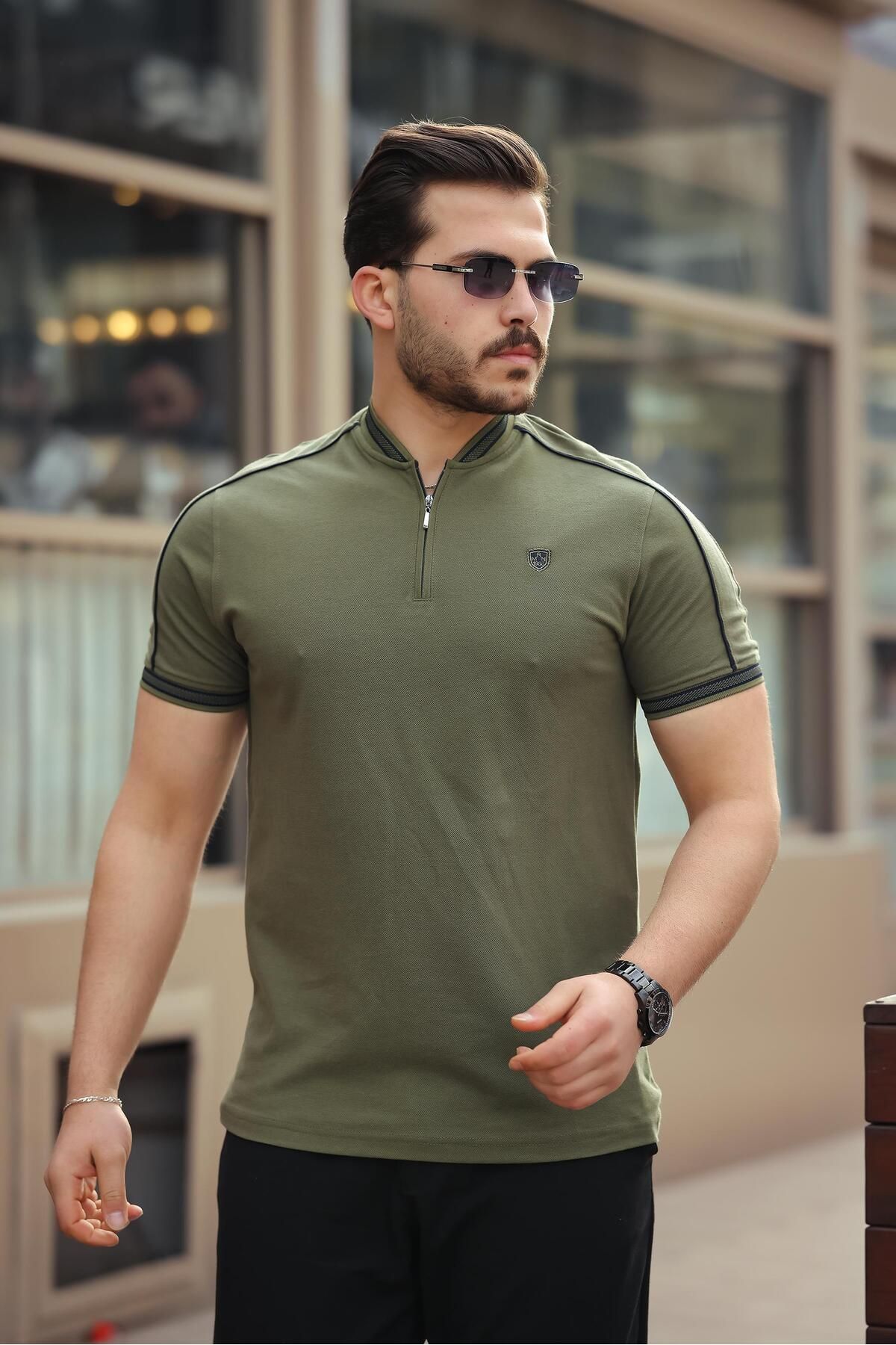 Miron-Khaki College Collar Half Zipper Short Sleeve T-Shirt- 2408 1