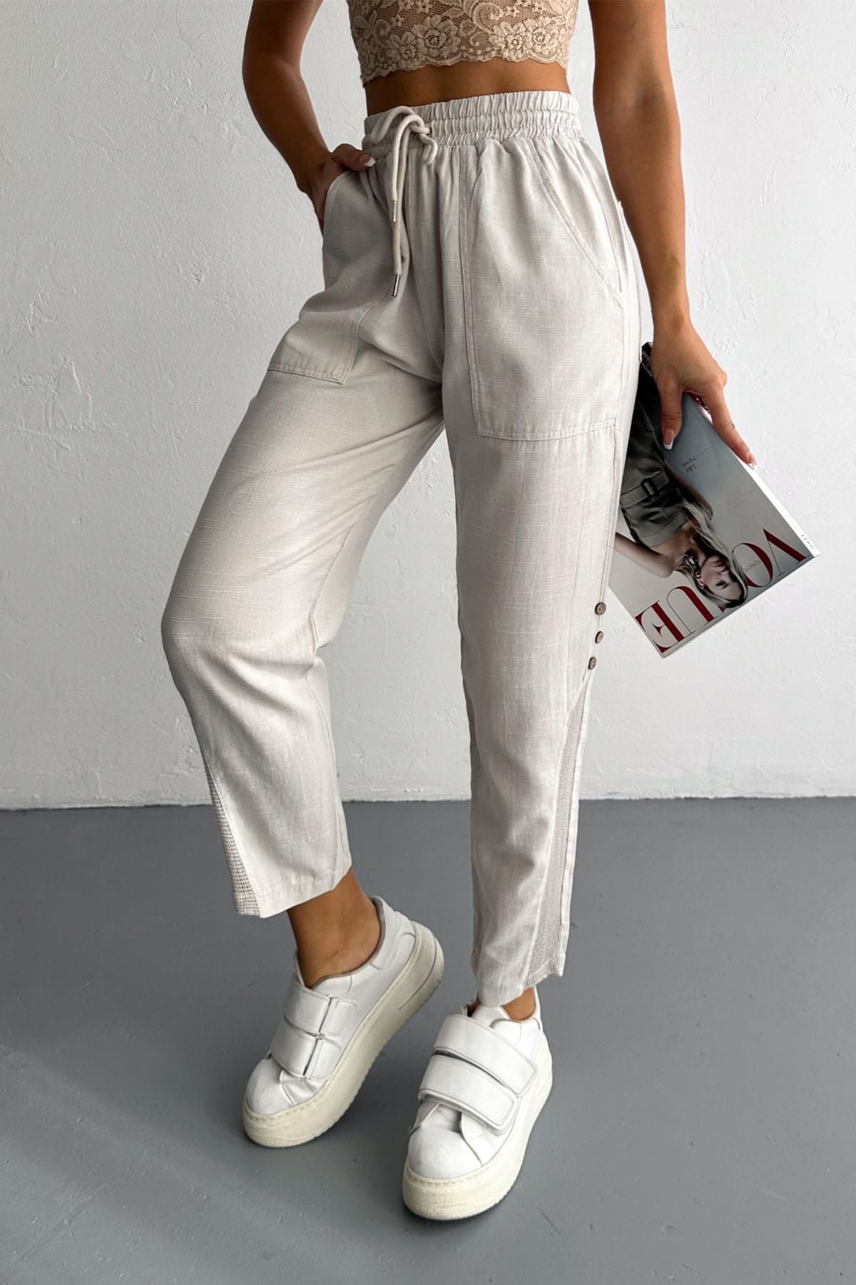 İstangül Butik-Linen Trousers with Mesh and Button Detail 4