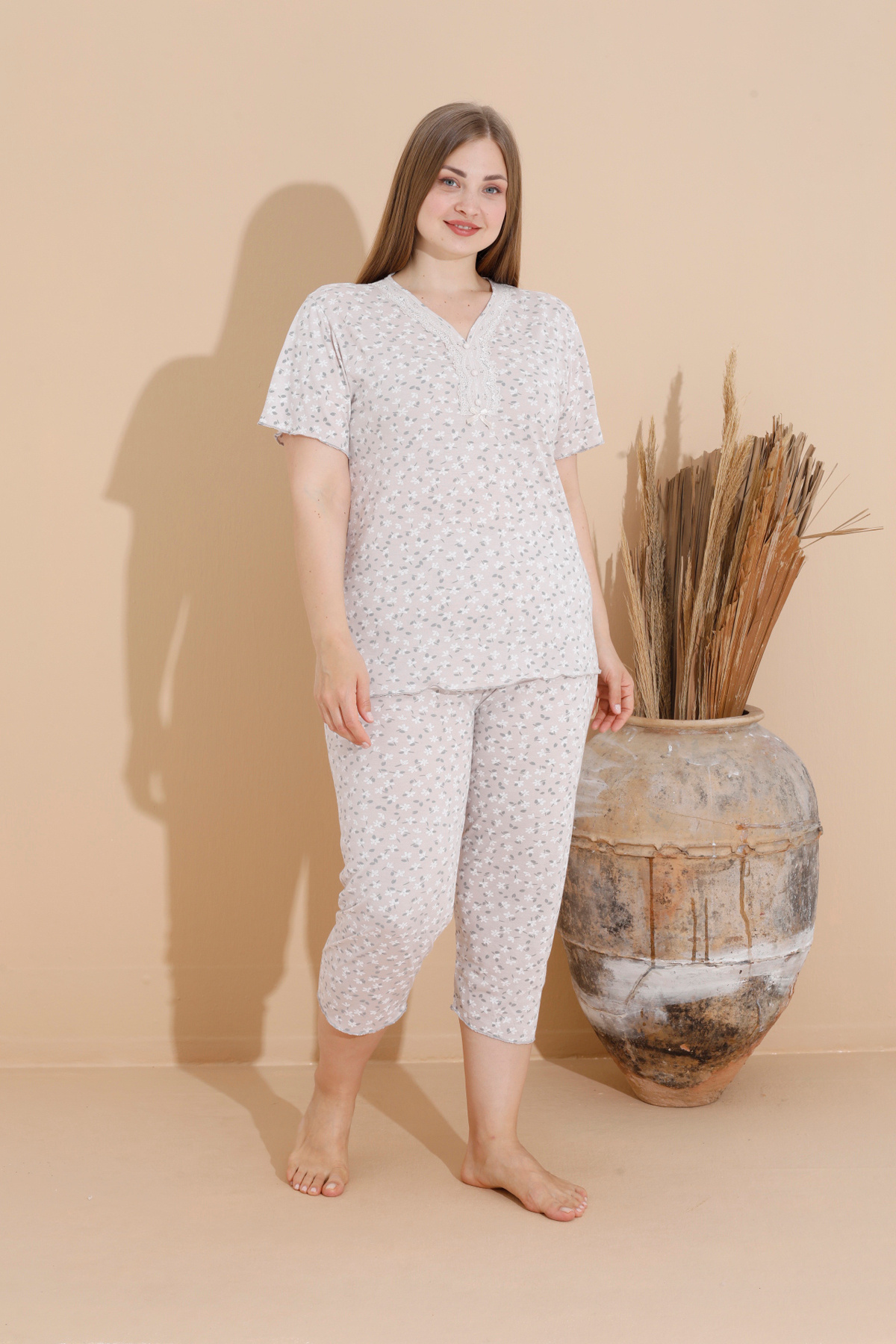 SEBOTEKS-100% Cotton Short Sleeve Capri Plus Size Women's Pajamas Set 10940 1