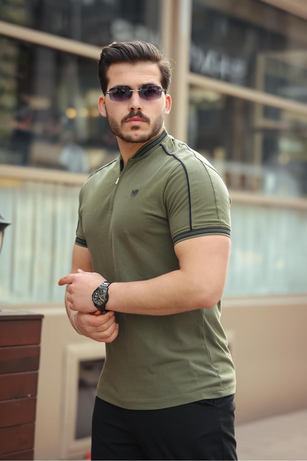 Miron-Khaki College Collar Half Zipper Short Sleeve T-Shirt- 2408 2