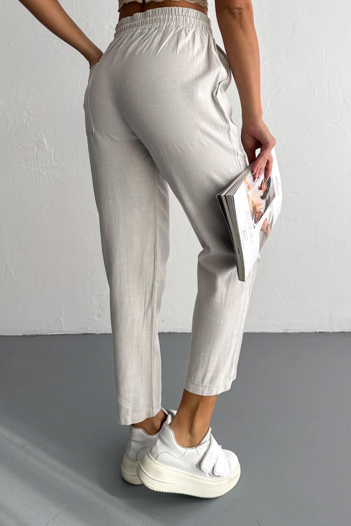 İstangül Butik-Linen Trousers with Mesh and Button Detail 2