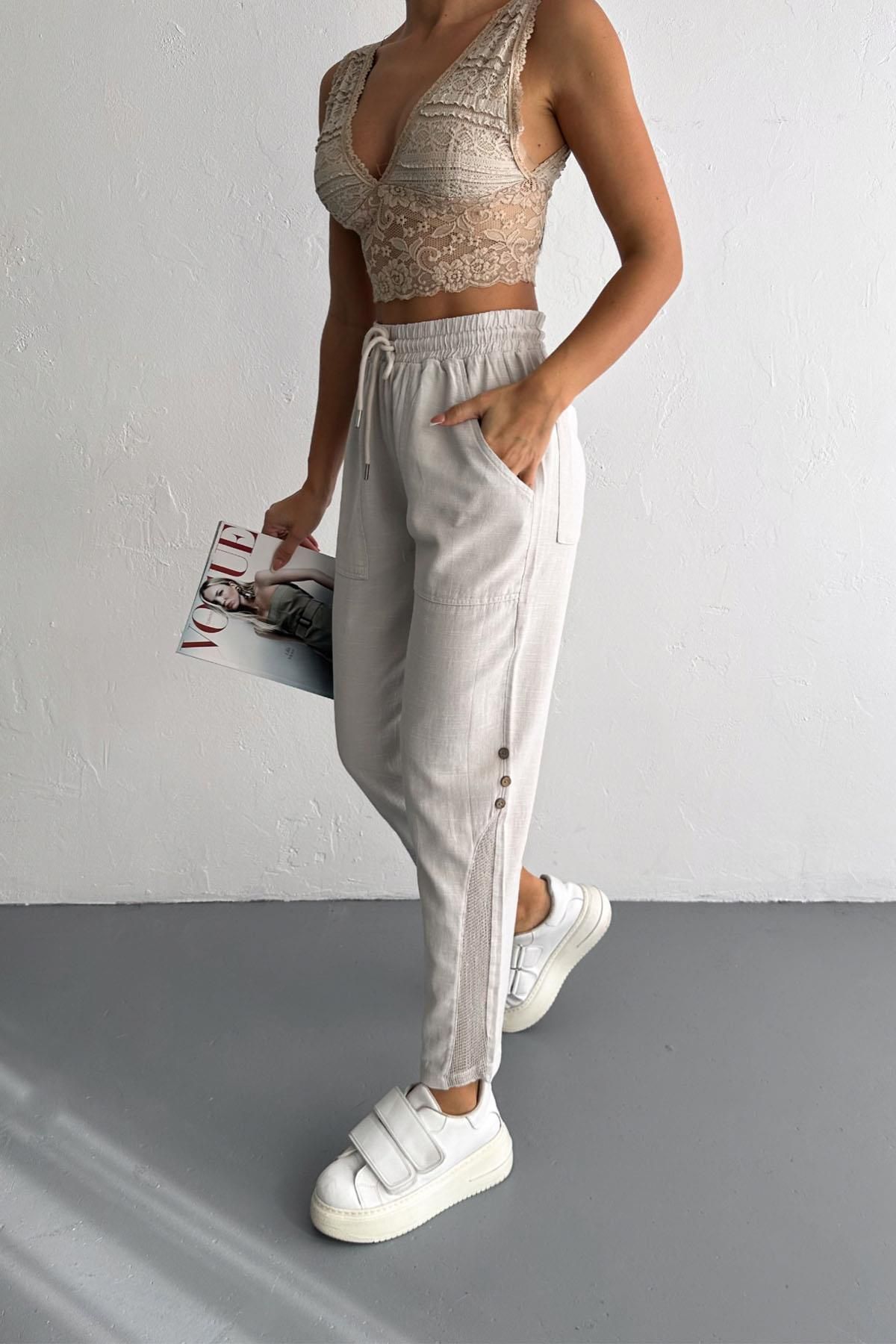 İstangül Butik-Linen Trousers with Mesh and Button Detail 5