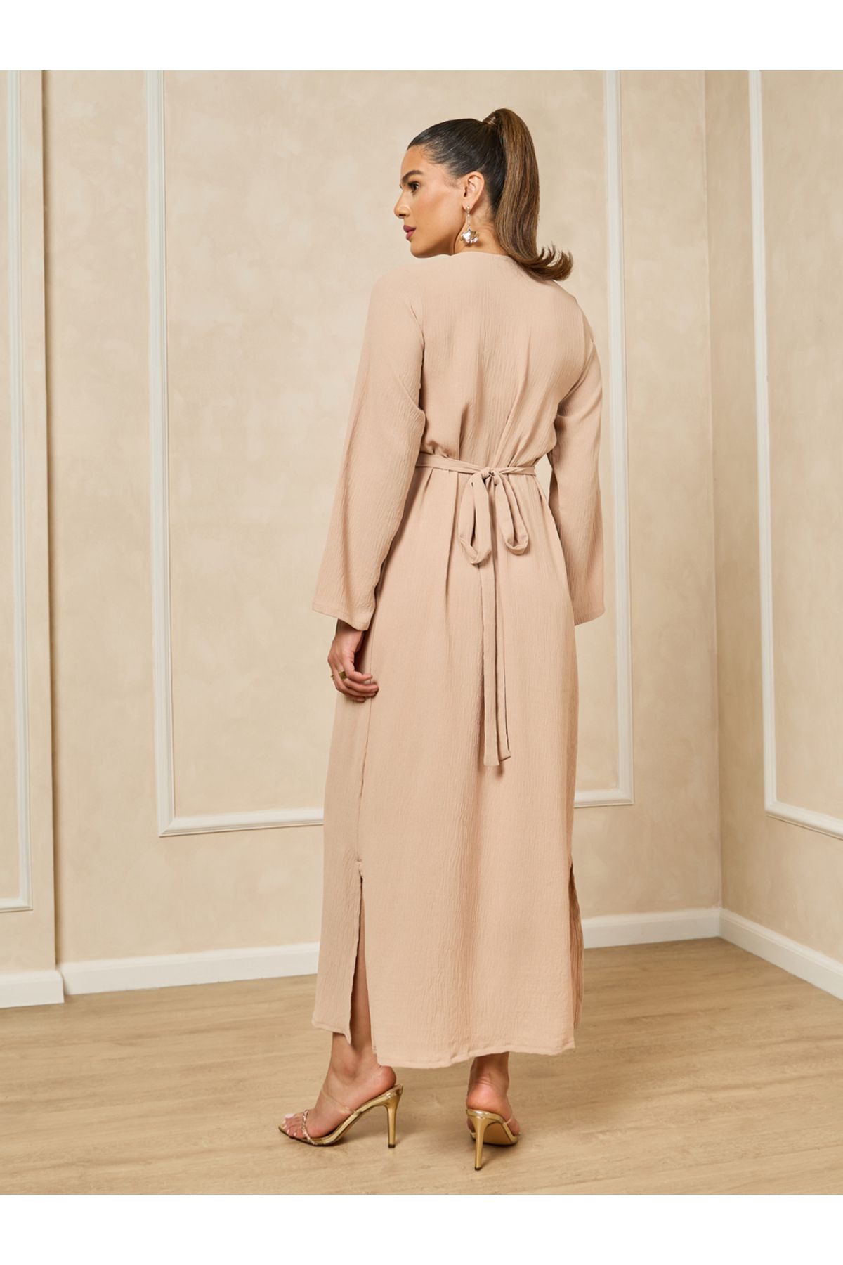Styli-lapel collar abaya with hand embroidered bead work in barbie fabric and matching chiffon hijab 5