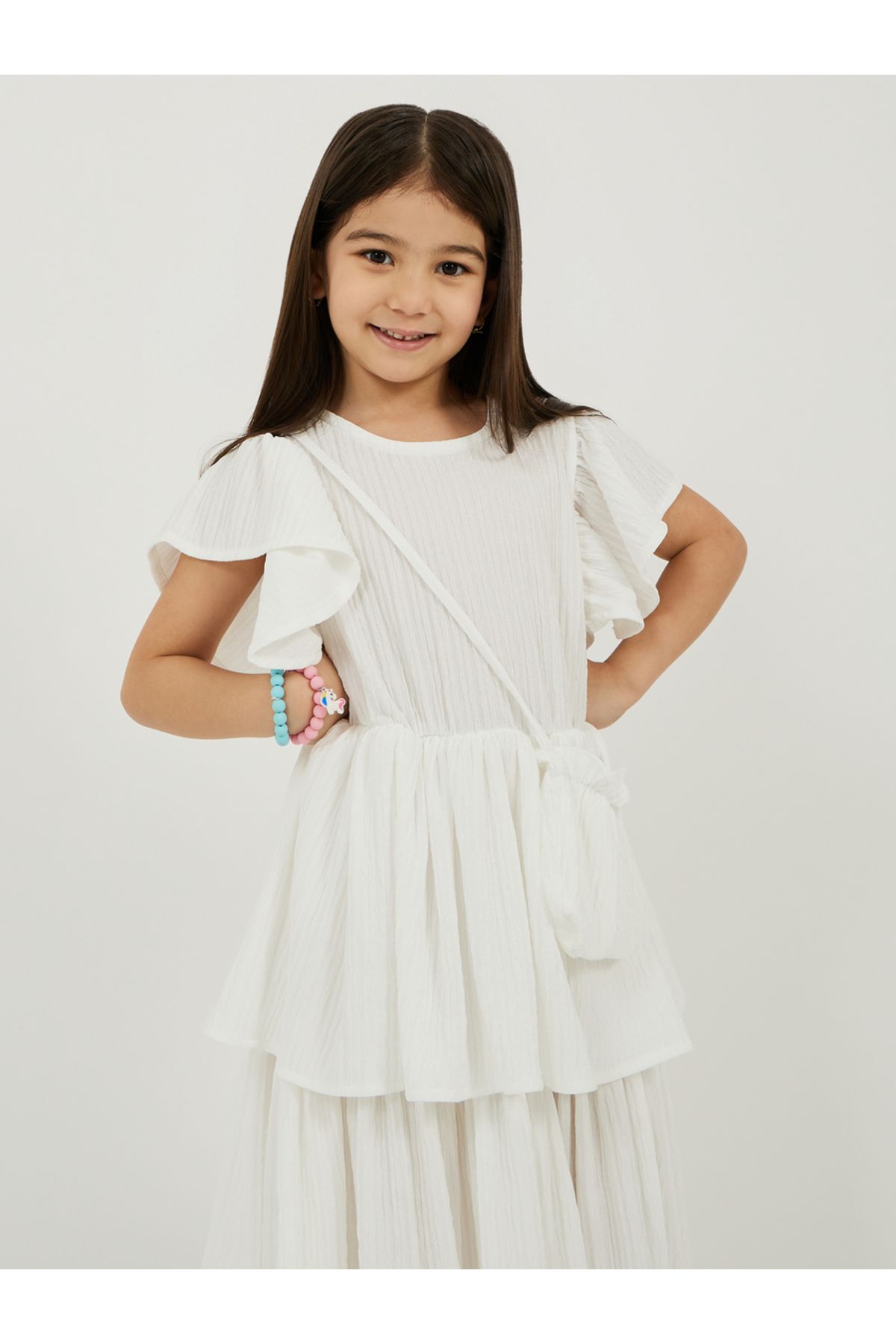 Styli-Pleated Frill Sleeve Tiered Dress with Bag 2