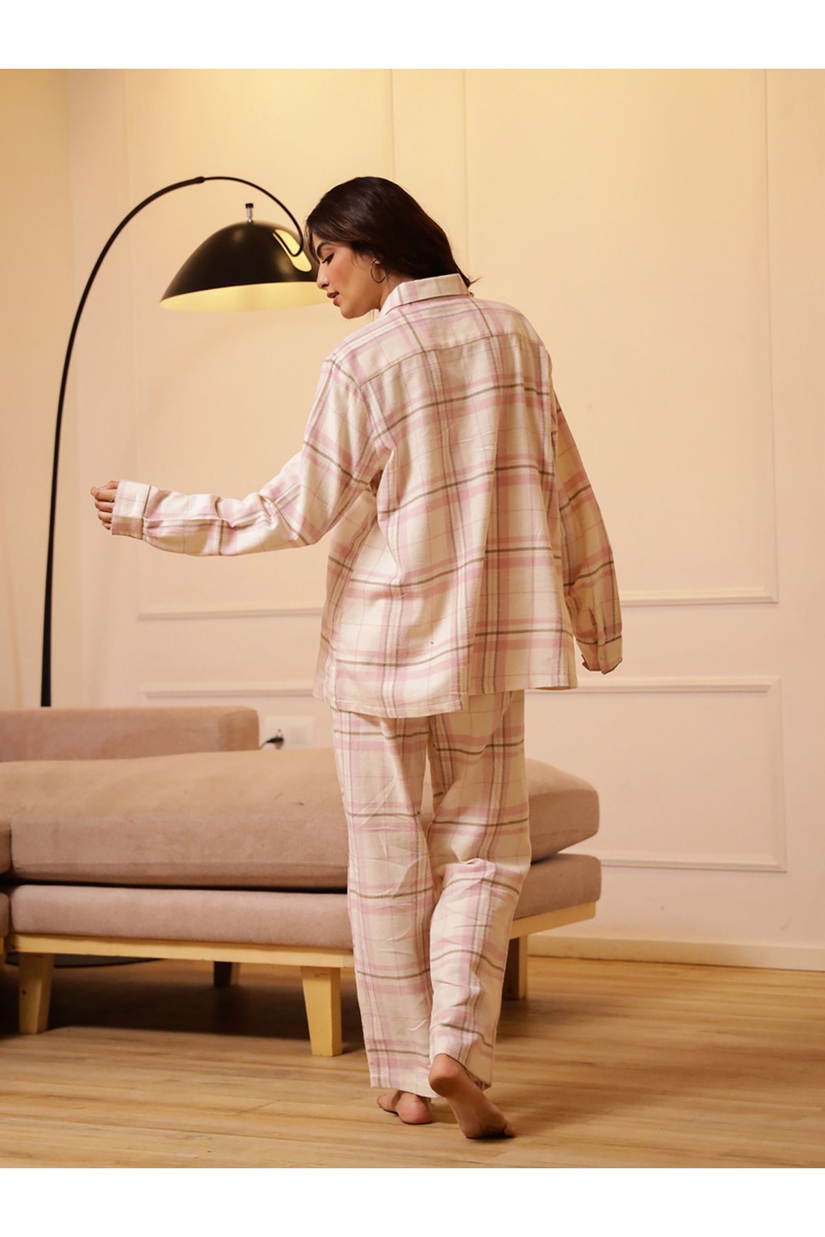 Sanskrutihomes By Styli-Checkered Buttoned Longline Shirt and Pyjama Set 2