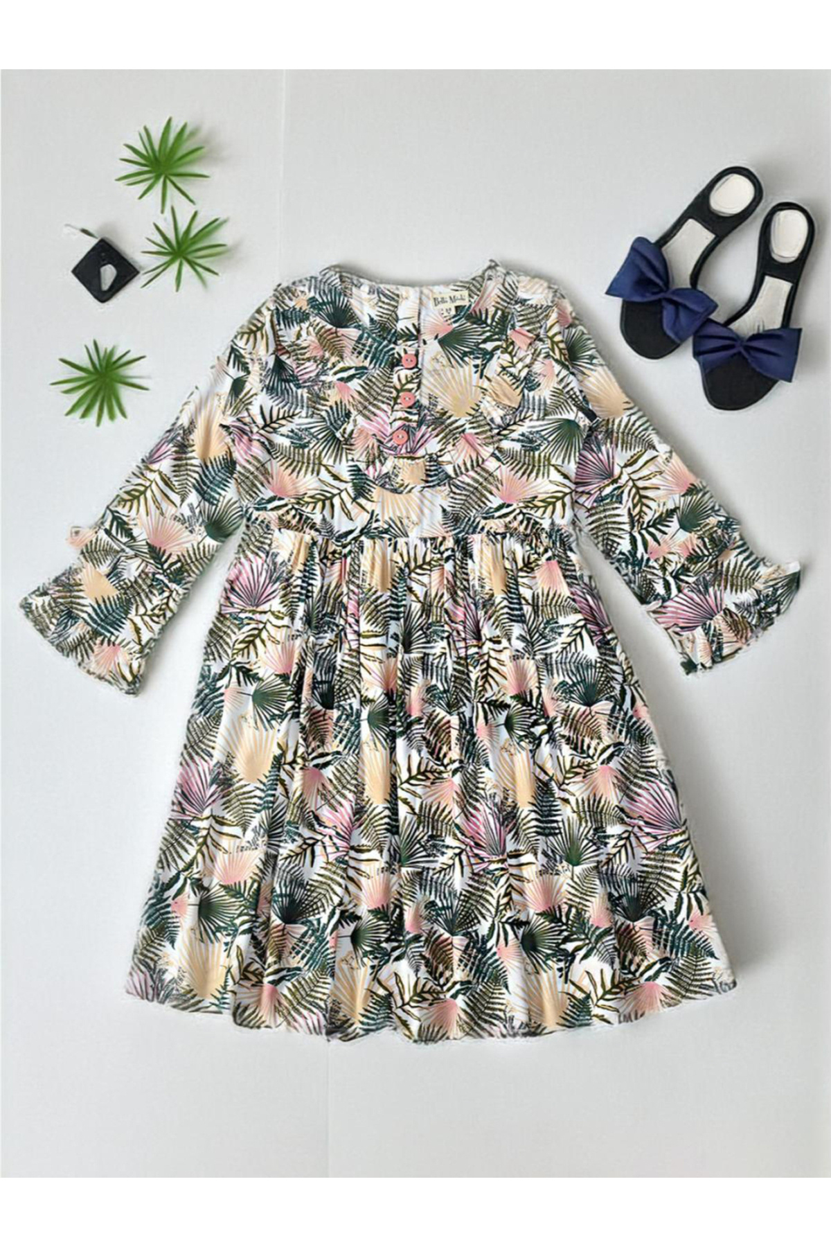 Bella Moda By Styli-فستان بأكمام طويلة وتفاصيل أزرار وطباعة كاملة 1