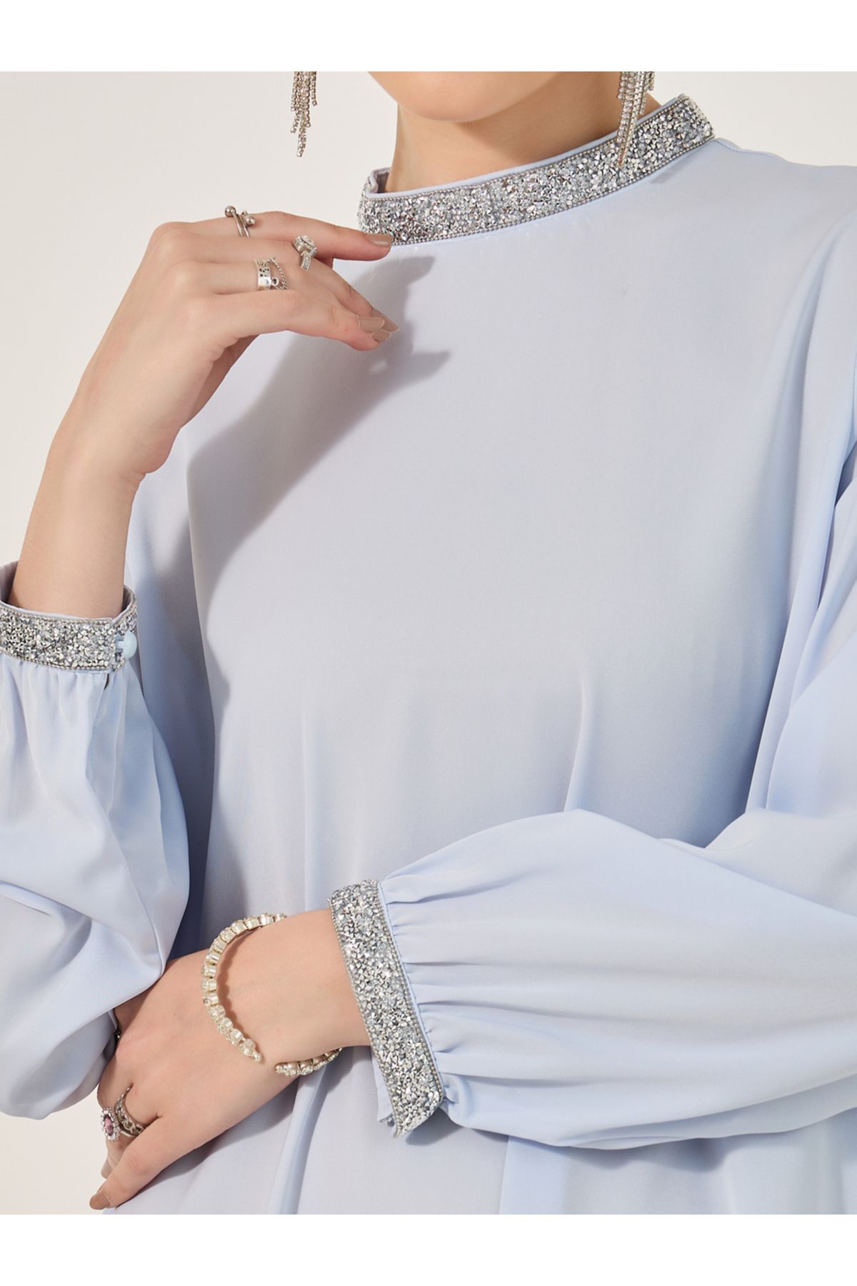 Styli-A Line Jalabiya stand collar and fitted sleeve cuff in shiny stone heat set lace trim 4