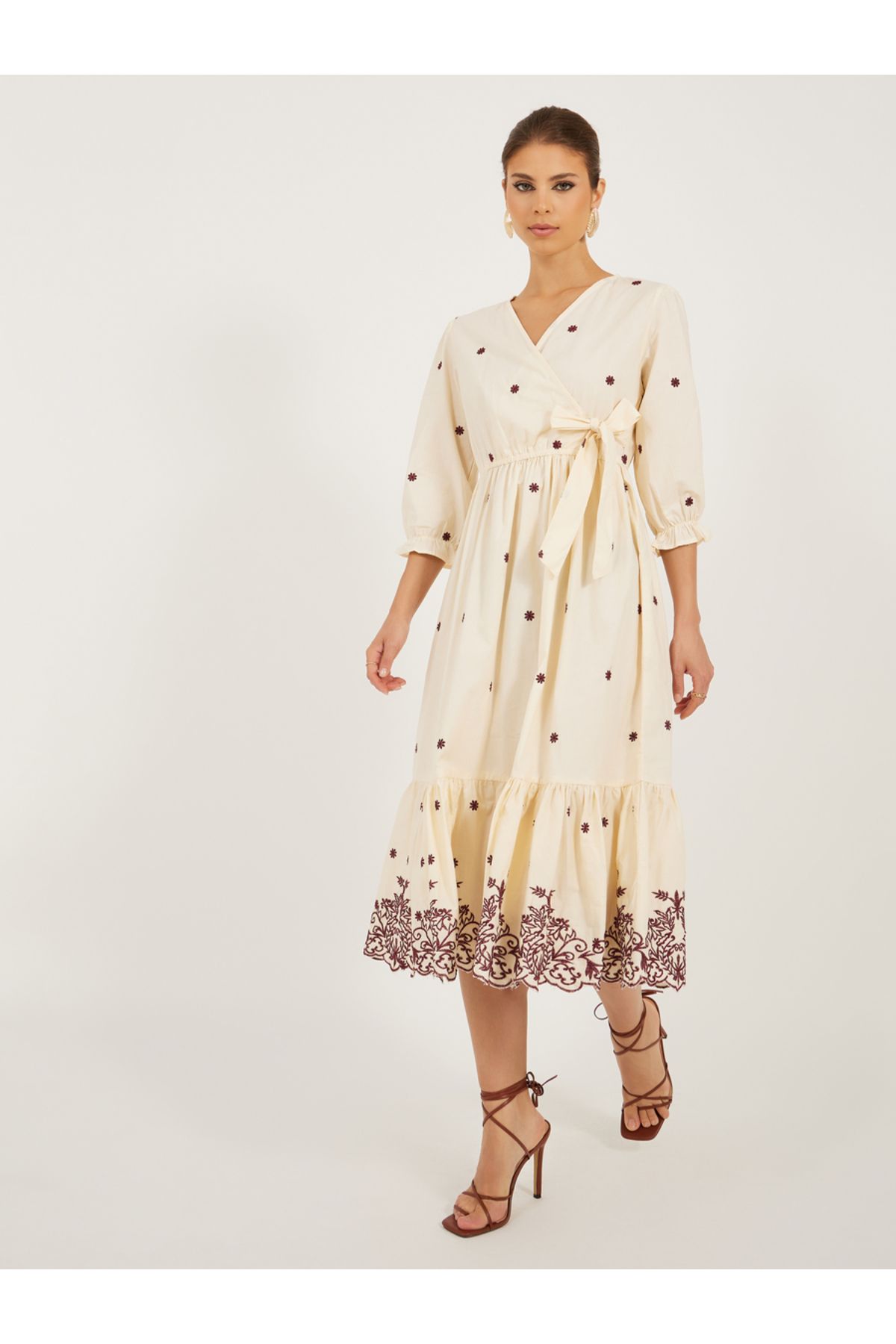 Styli-Embroidered Wrap Style A-Line Midi Dress 1