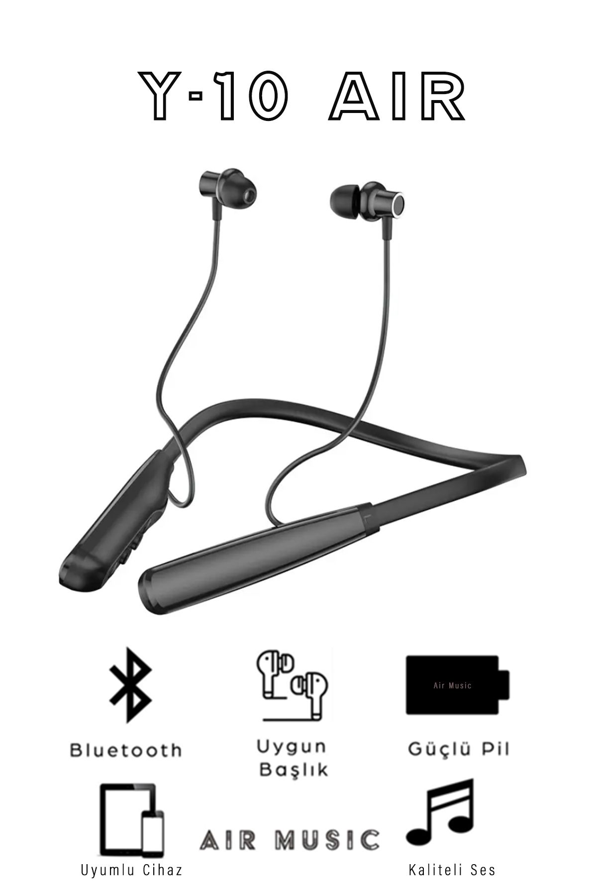 Air Music Y10 Sporcu Bluetooth Kulaklık 100 Saat Şarj Kapasiteli Lcd Şarj Göstergeli Boyun Bantlı Kulaklık