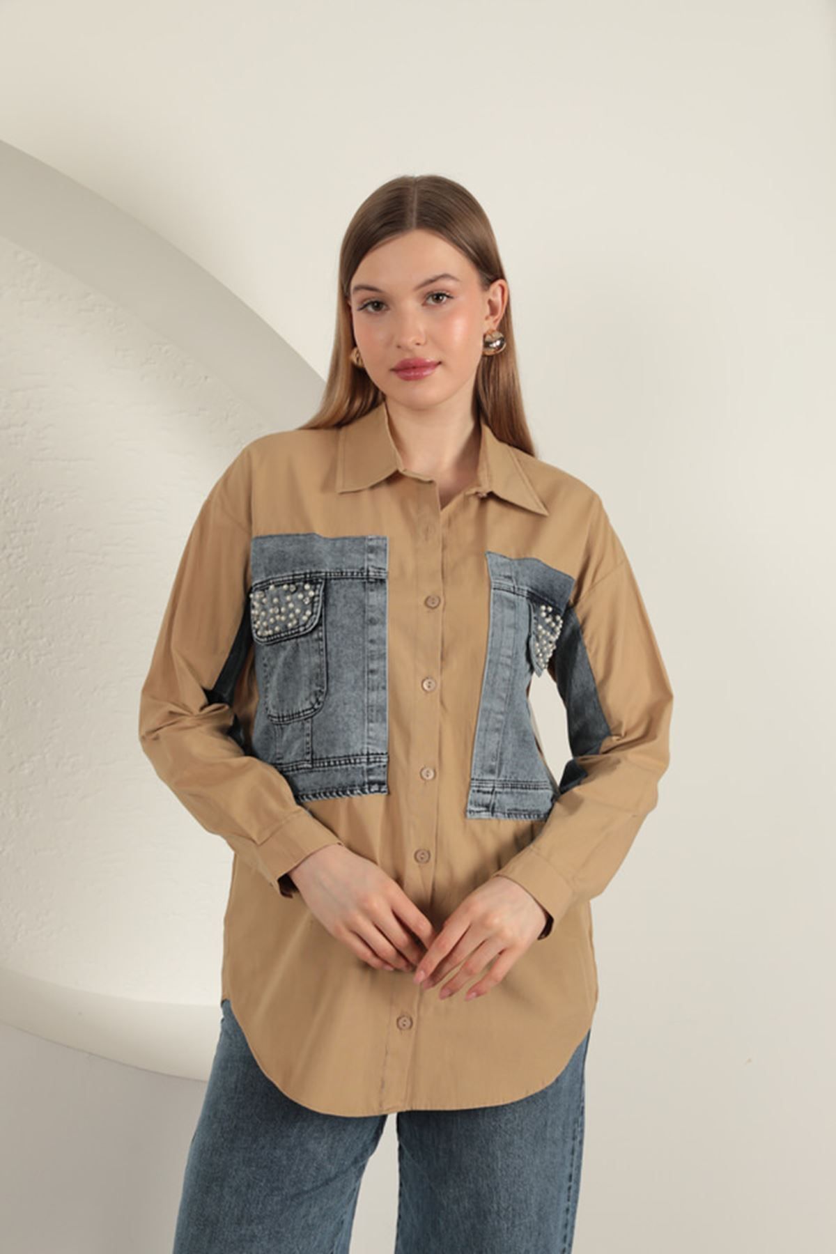 blueb Poplin Kumaş Kot Garnili Kadın Gömlek-Taba