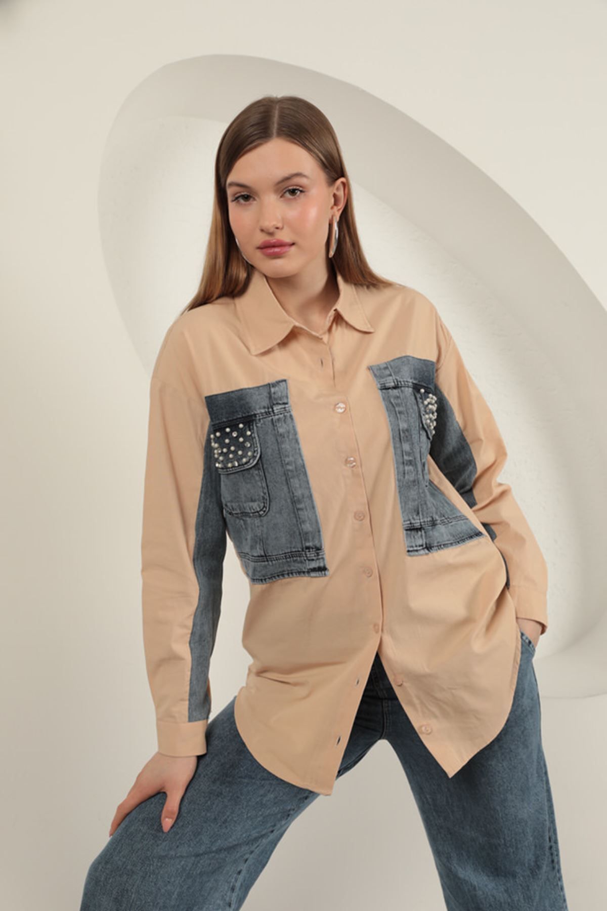 E-RICH Poplin Kumaş Kot Garnili Bej Kadın Gömlek