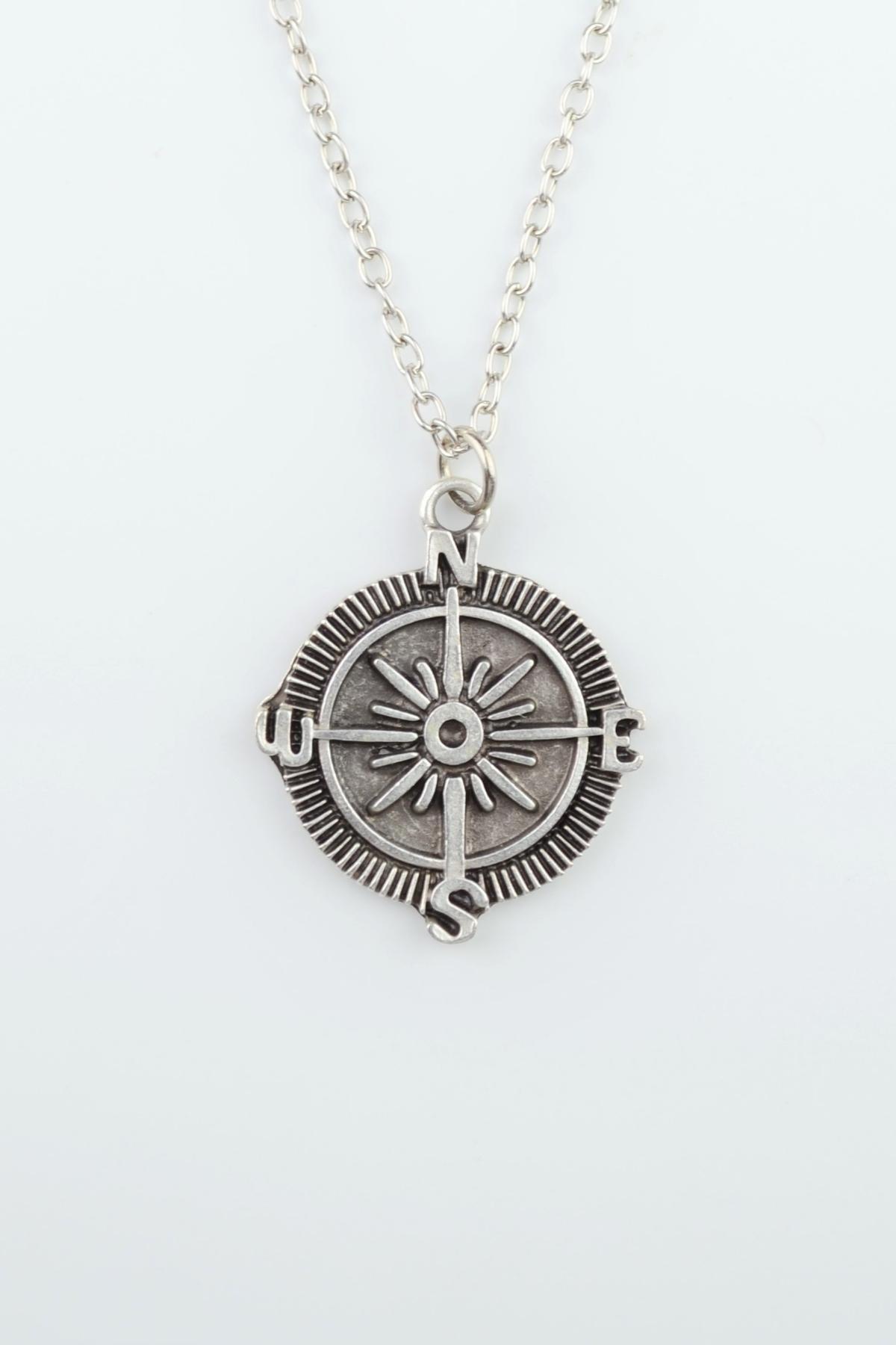 Compass Silver Plated Flat Chain Necklace