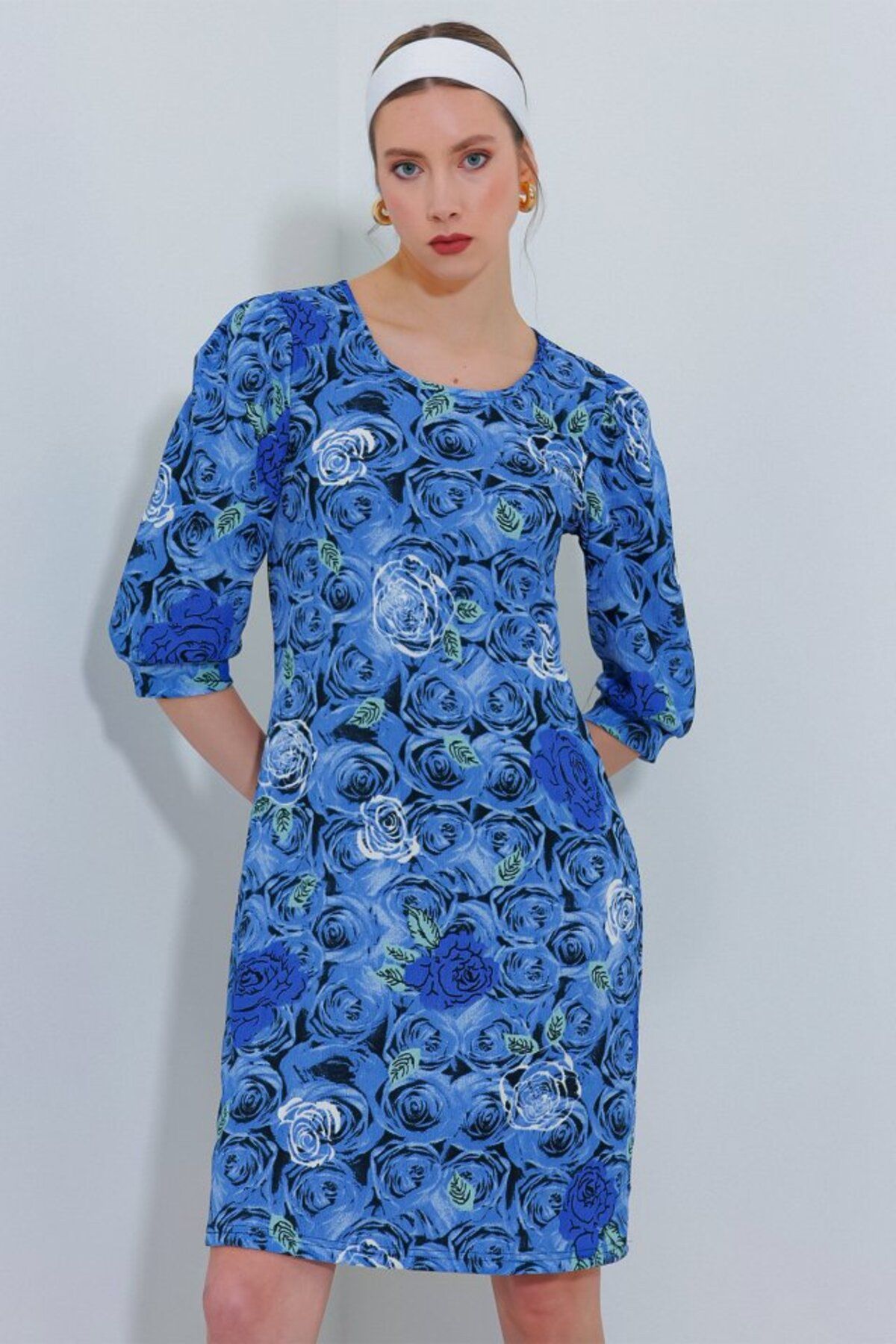 novafems Saks Gül Desenli Midi Elbise 2477