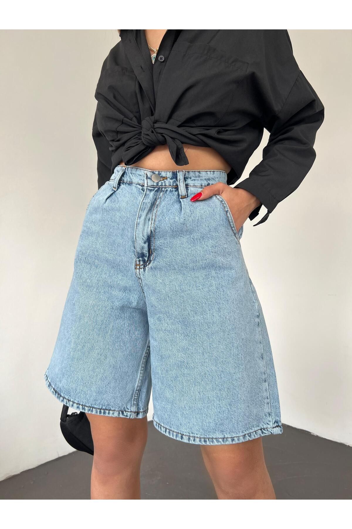 E-RICH Çift Cepli Bermuda Denim Şort