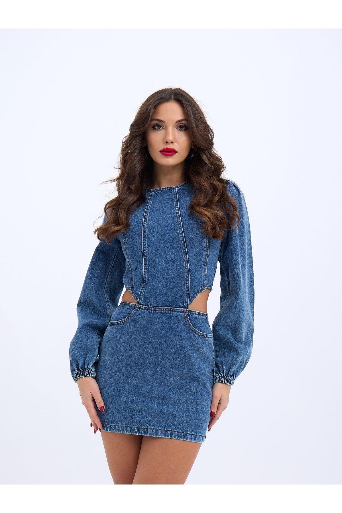 ASFSTORE 6834 WINDOWED DENIM DRESS-MAVİ