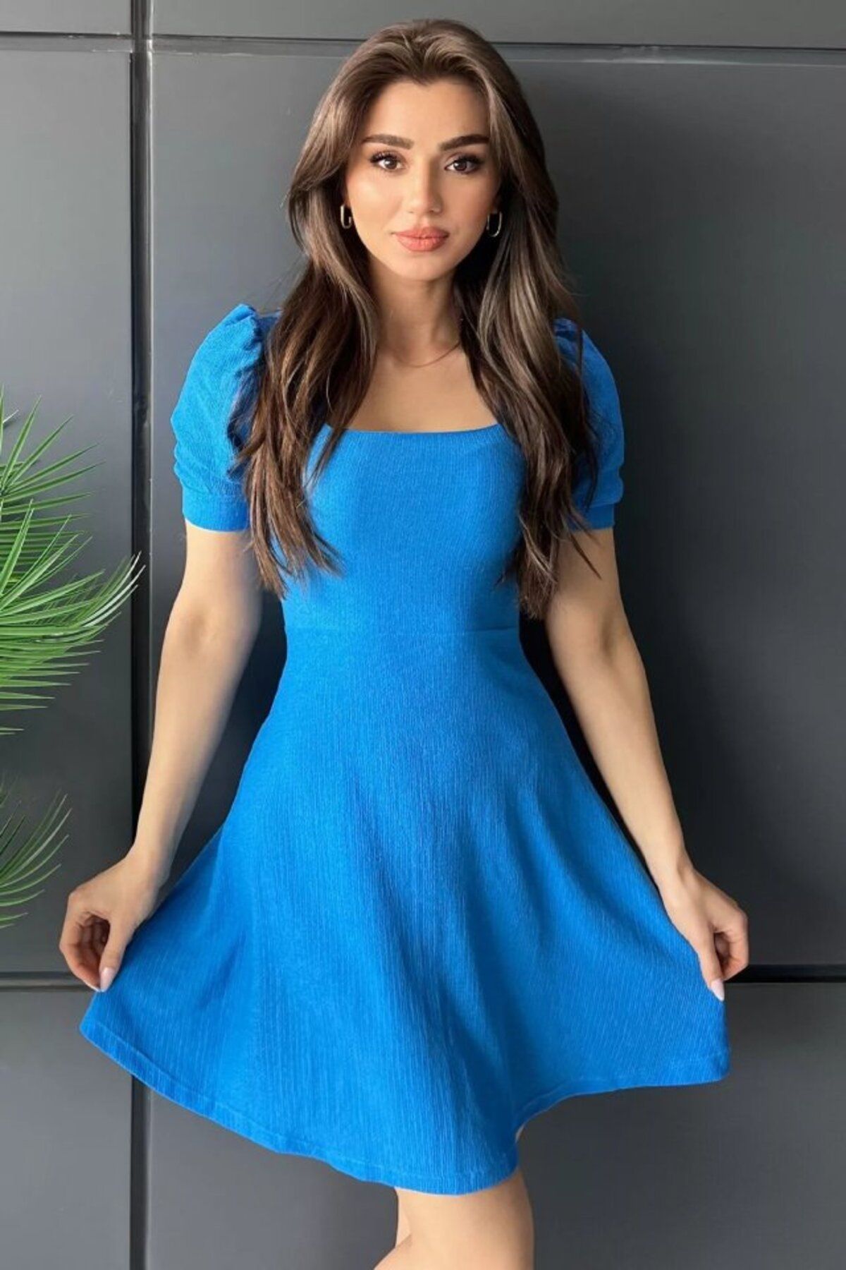 novafems İndigo Kare Yaka Örme Mini Elbise