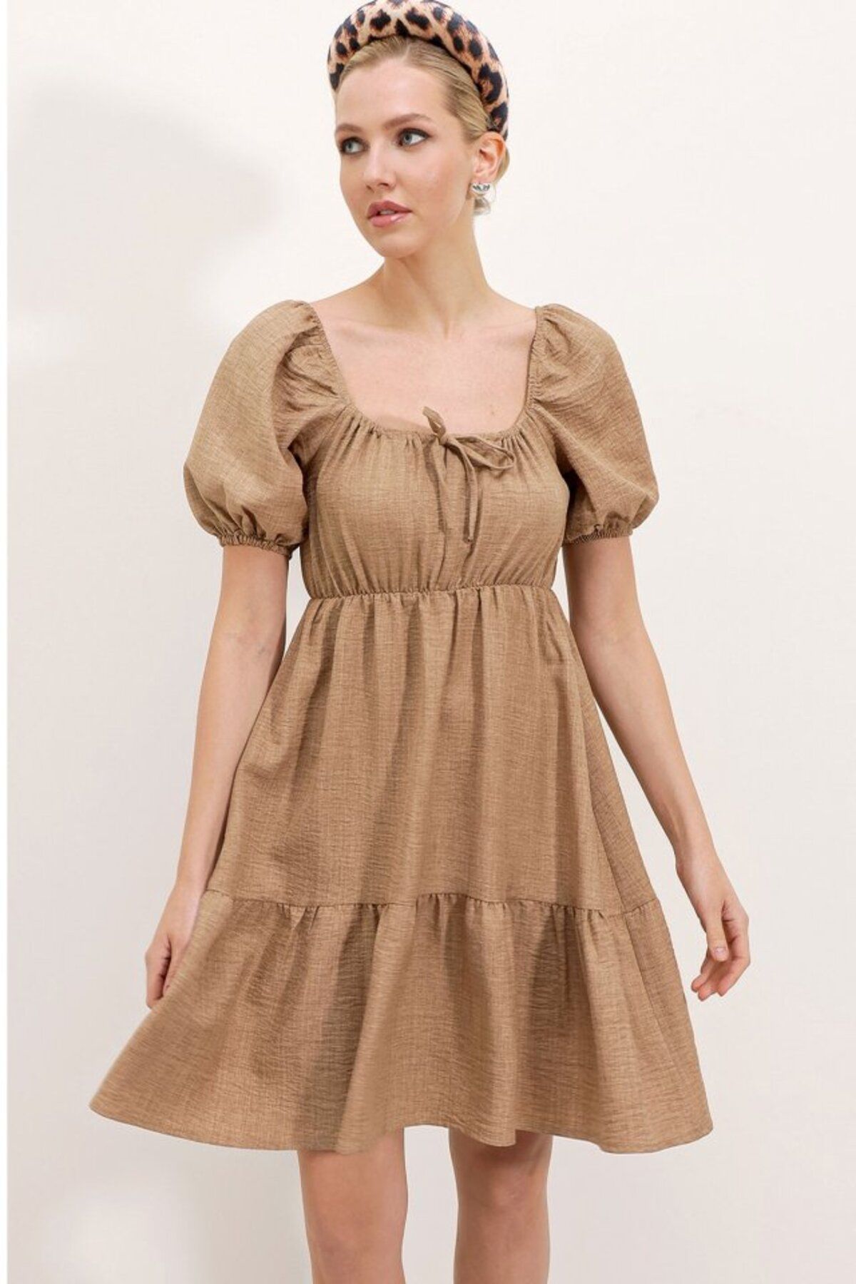 novafems 2351 Kloş Poplin Elbise - Camel