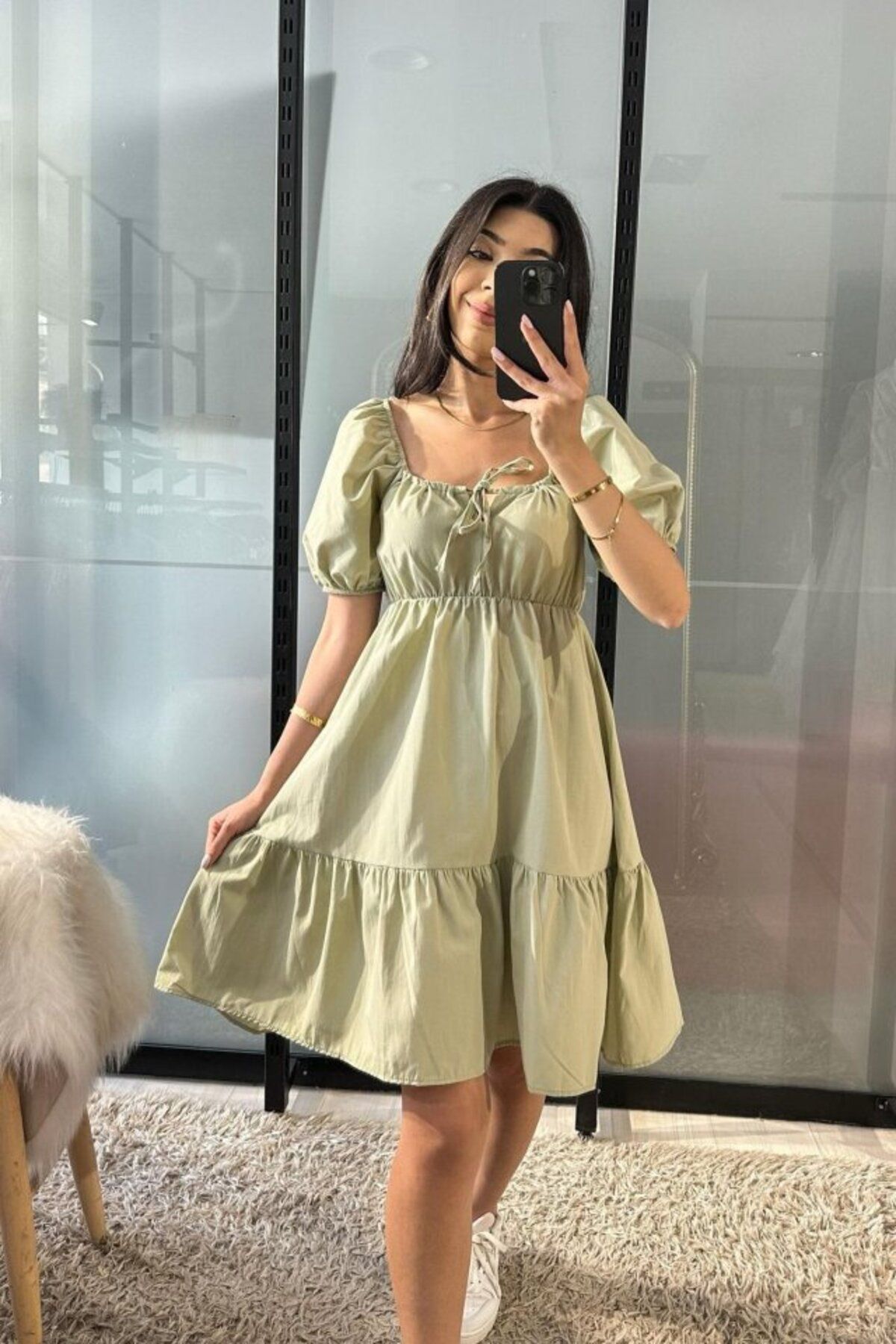 novafems 2351 Kloş Poplin Elbise - Çağla