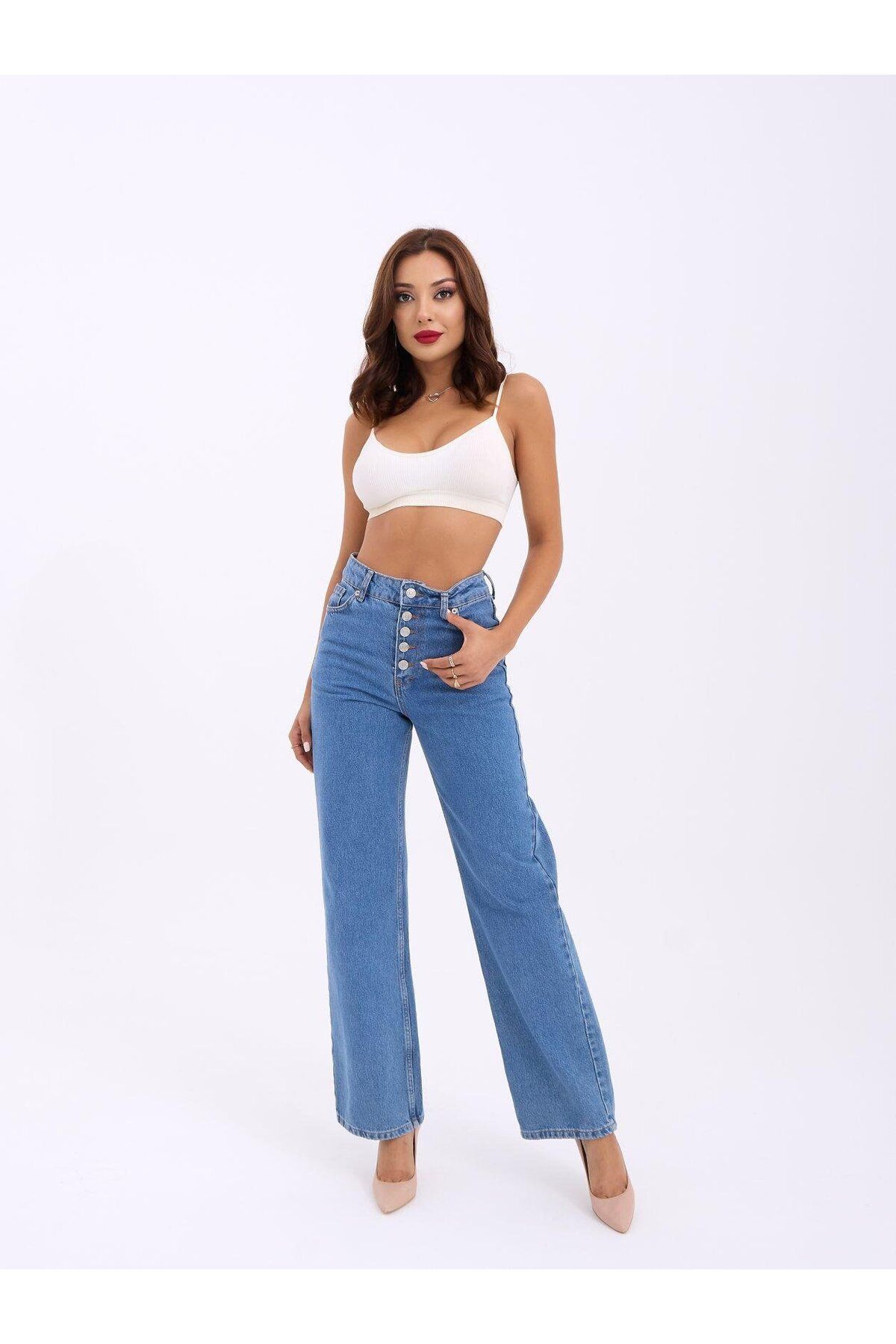 Meleners 5171 DENİM BUTTONED WIDE KEG-MAVİ
