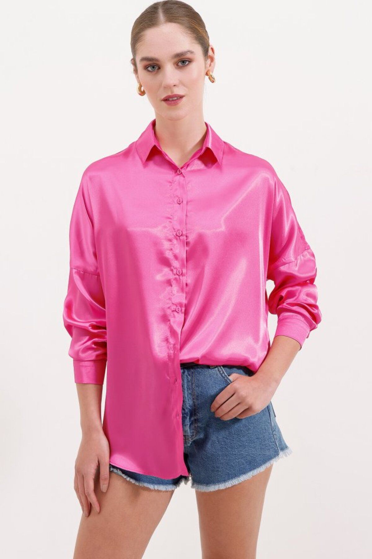novafems 3985 Oversize Saten Gömlek - Fuşya