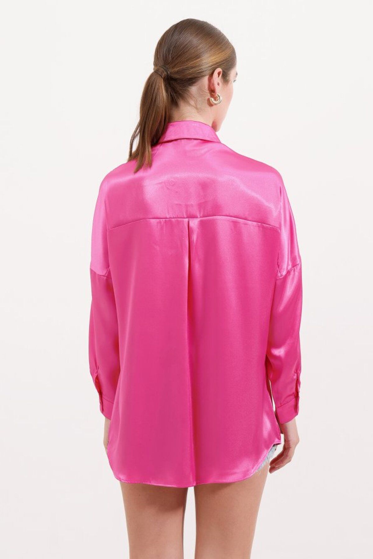 35AVM 3985 Oversize Saten Gömlek - Fuşya