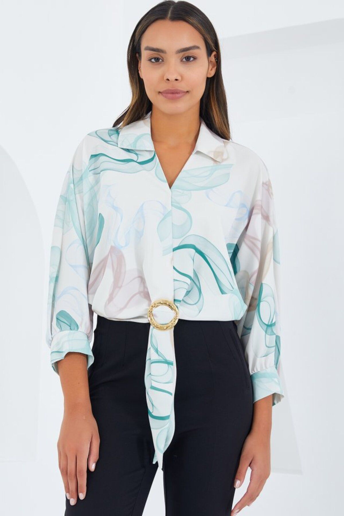 novafems Oversize Dökümlü Crop Saten Gömlek 906 - Mint