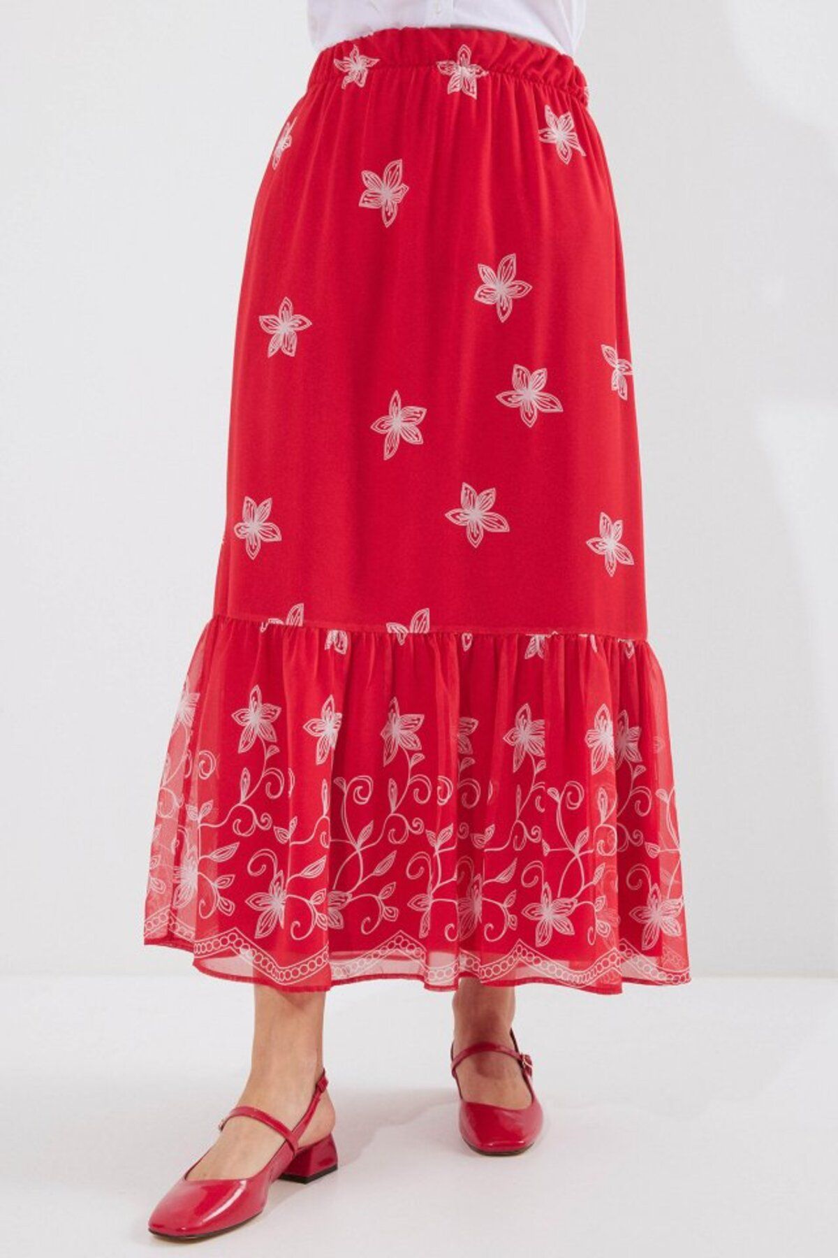 TUA MODA-Tua Moda 8010 Patterned Chiffon Skirt - A.Red 2