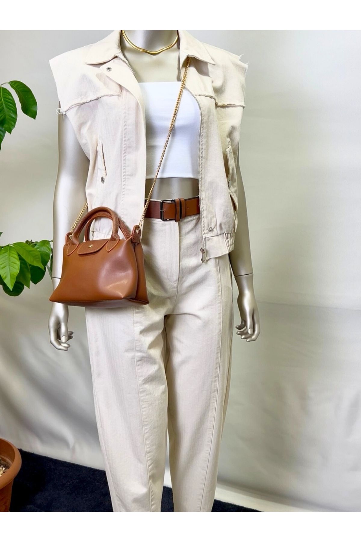 owwon-Beige Vest - Trousers Double Linen Set 4