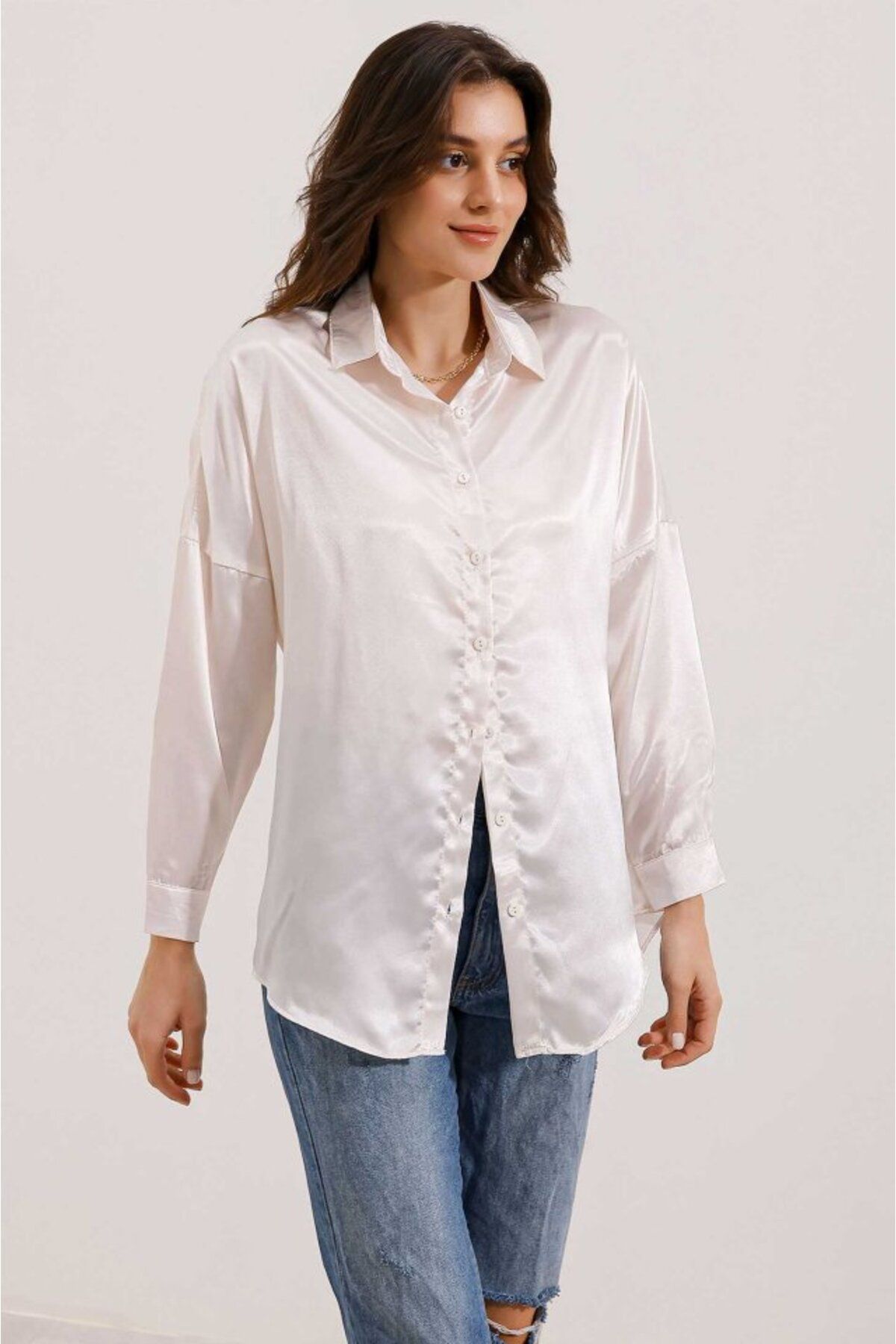 novafems 3985 Oversize Saten Gömlek - Bej