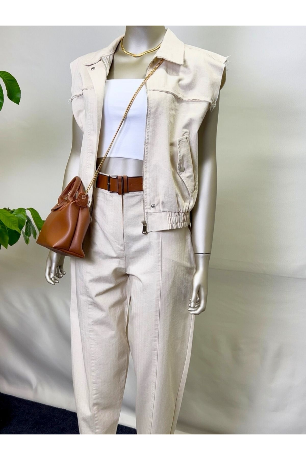 owwon-Beige Vest - Trousers Double Linen Set 1