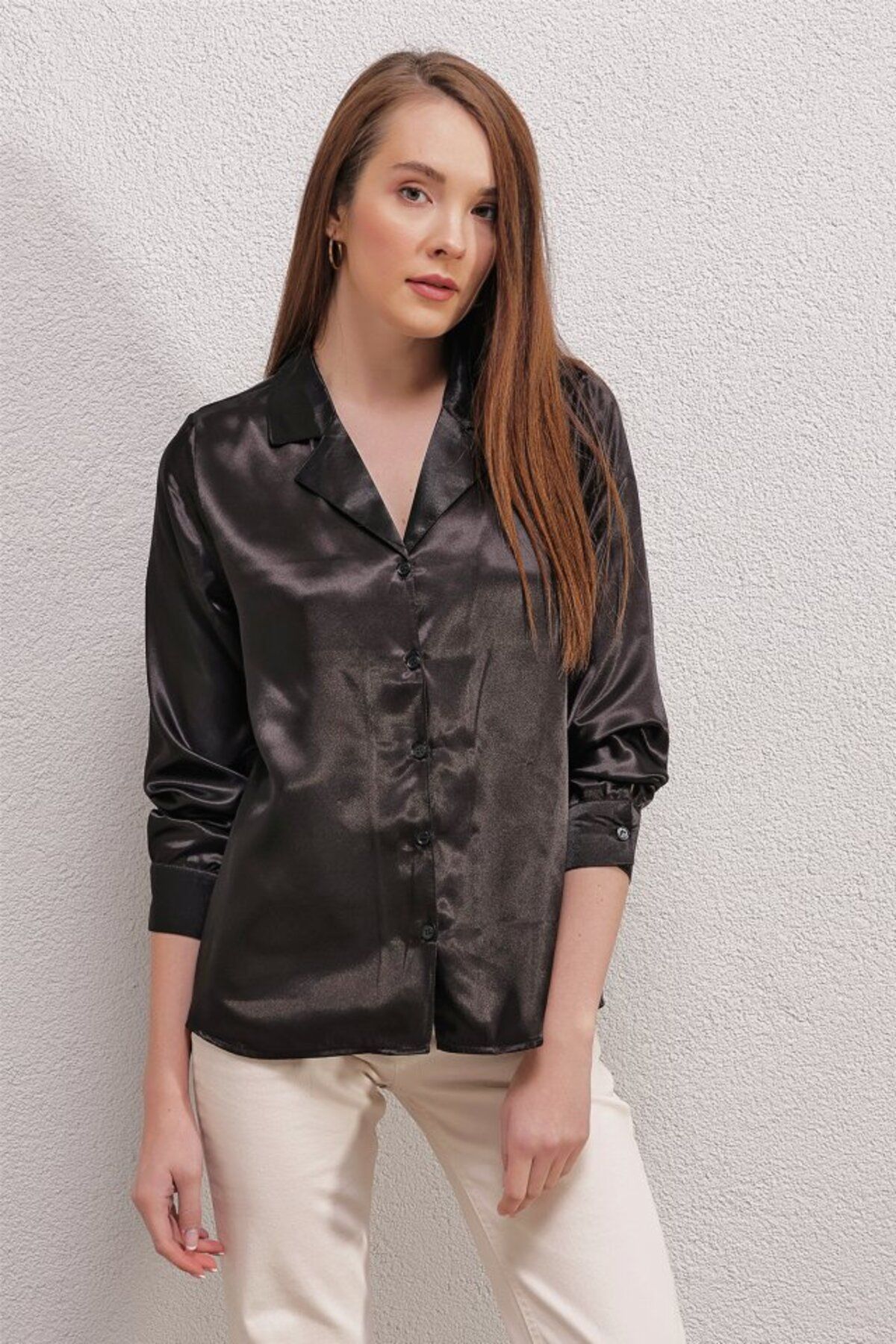 moda wanilia 20140 Kruvaze Yaka Saten Gömlek - Siyah