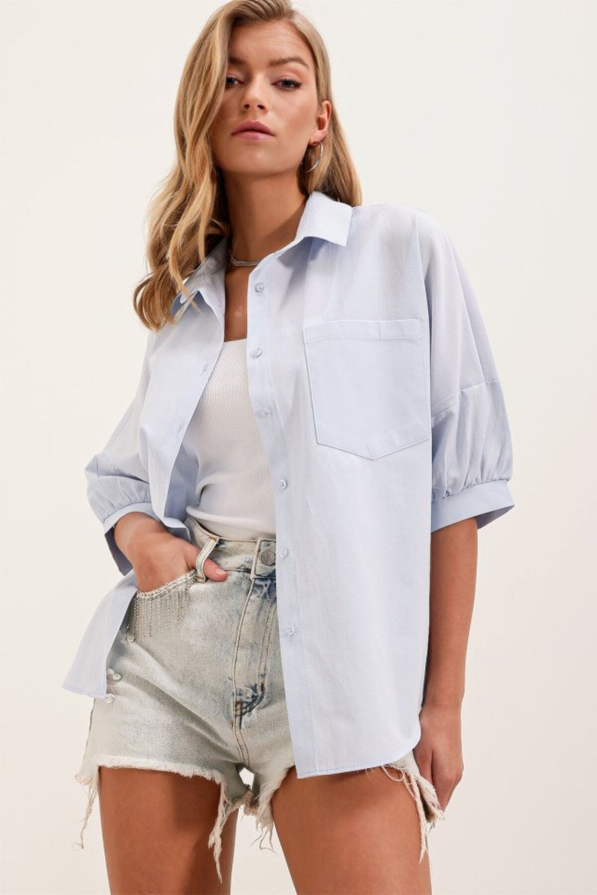 novafems 20213 Oversize Kısa Kol Basic Gömlek - Bebe Mavi