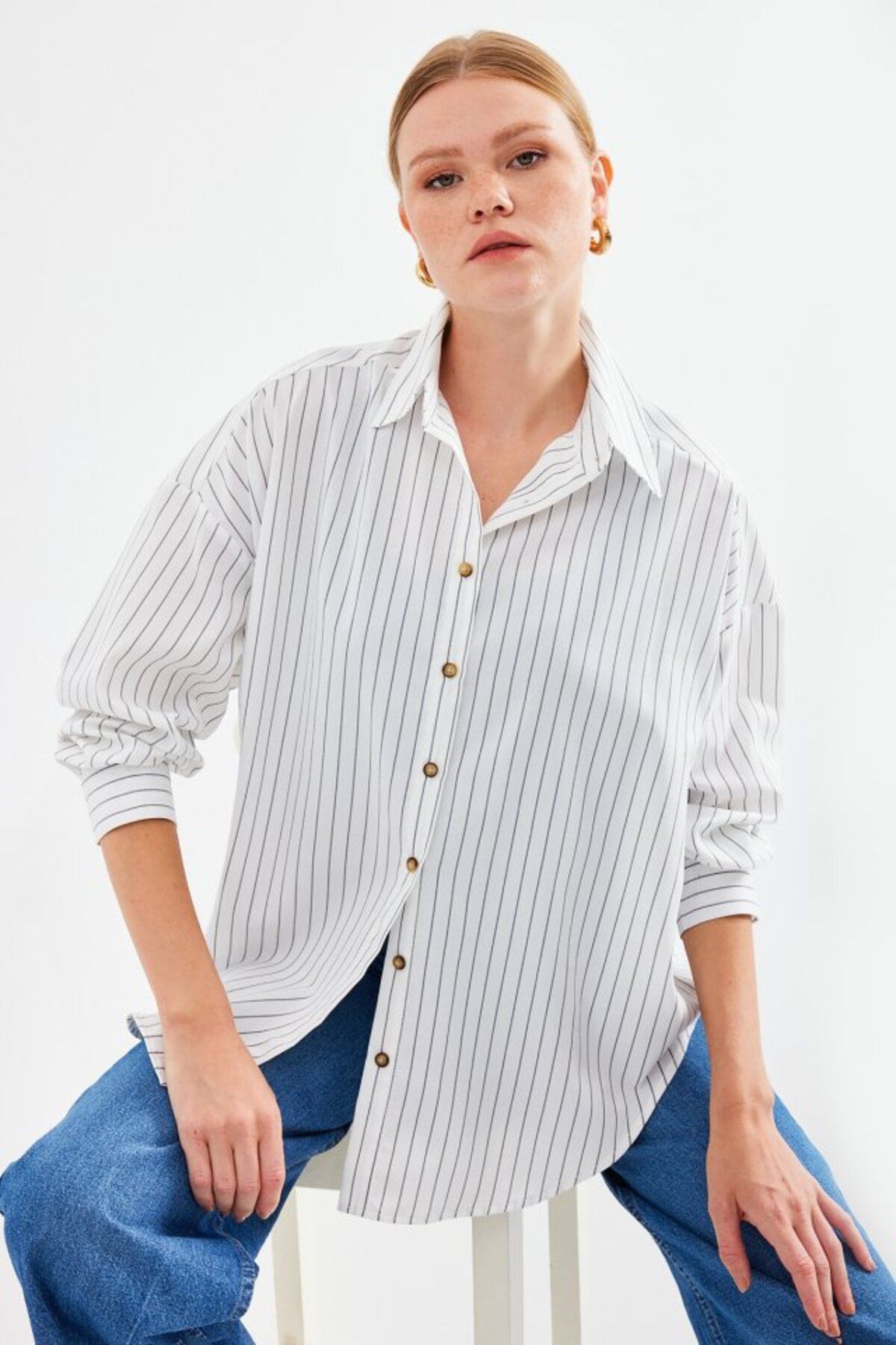 novafems 20208 Çizgili Oversize Uzun Basic Gömlek - Beyaz