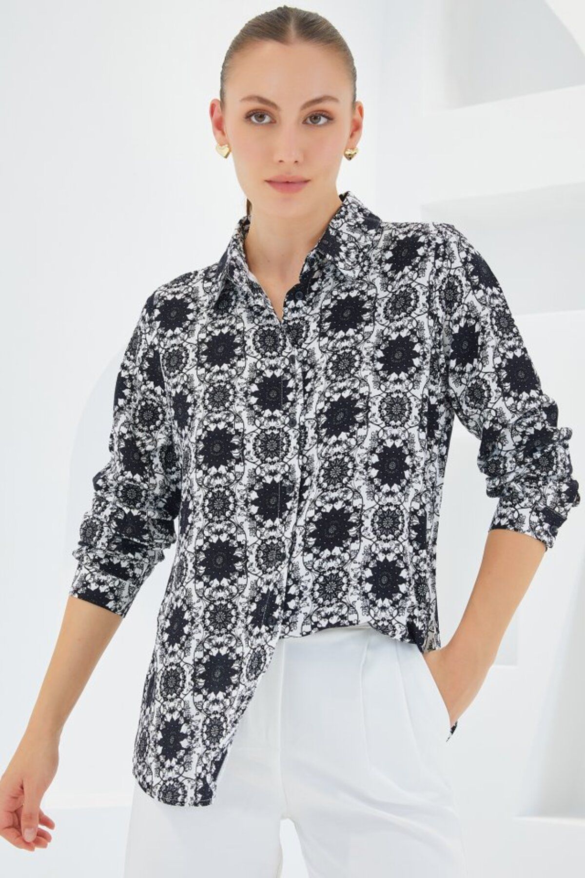 moda wanilia 3721 Grafik Desenli Gömlek - K. Siyah