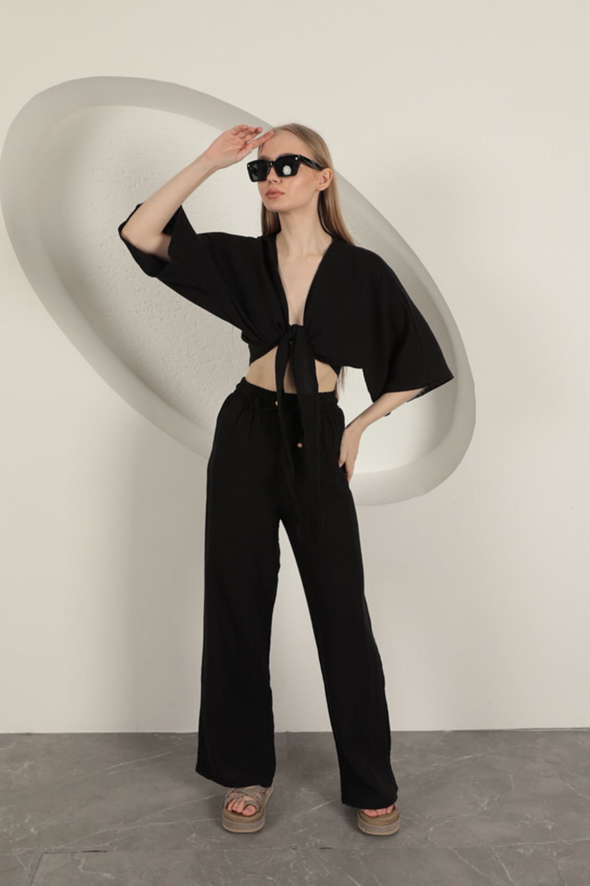 Pink Stil Müslin Kumaş Bol Paça Kadın Pantolon-Siyah