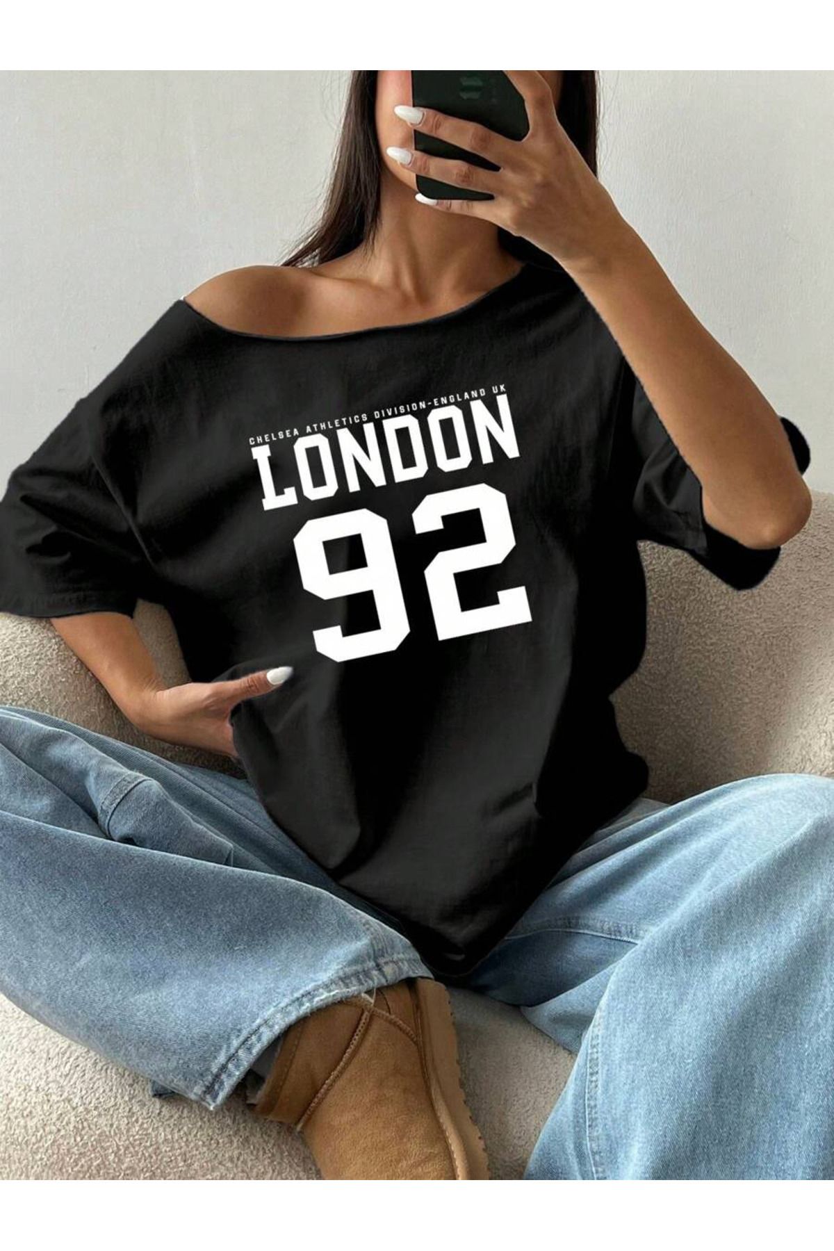 Tarzsokak Büyük Beden Kayık Yaka London Baskılı Oversize %100 Pamuk