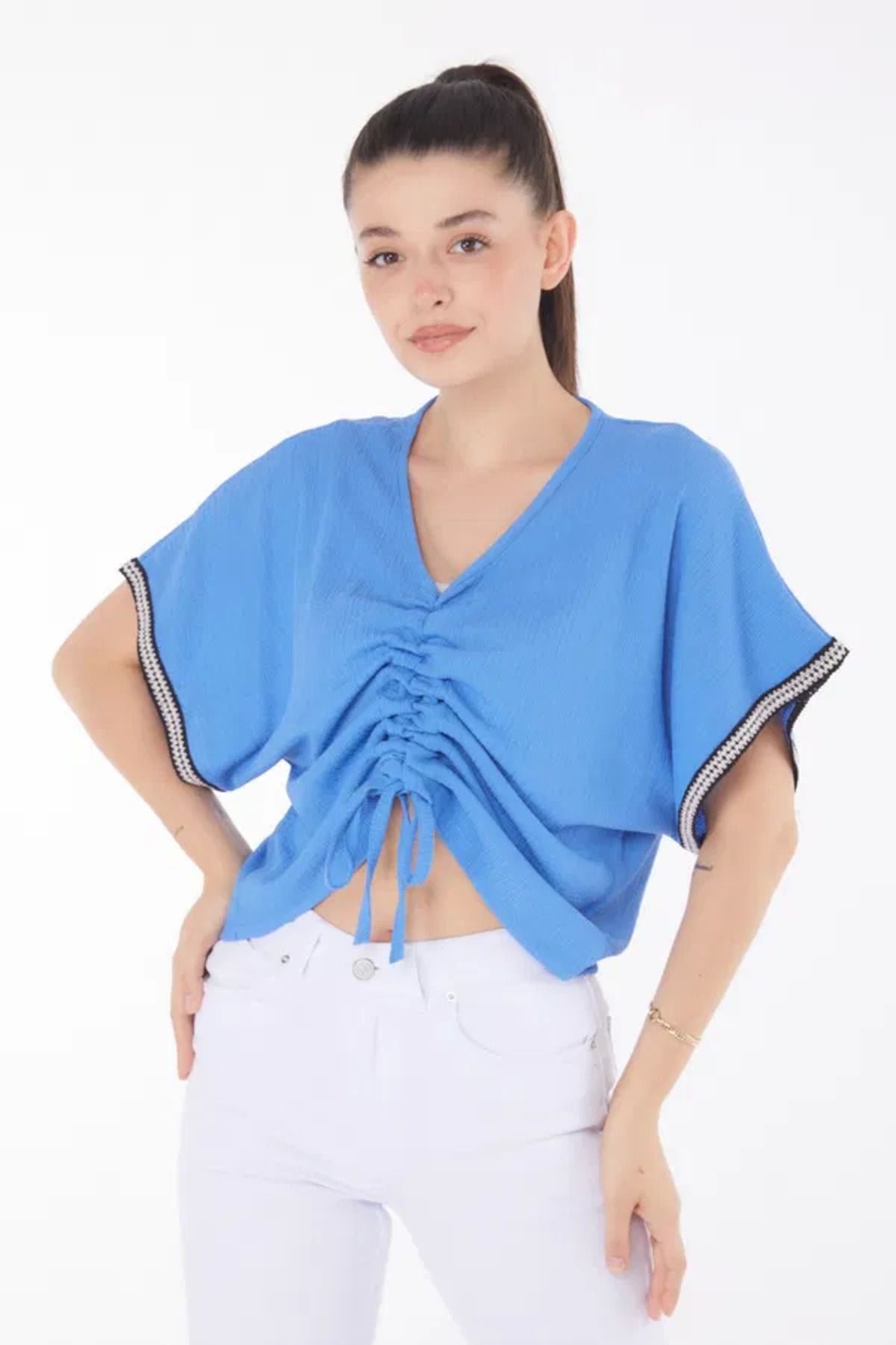 Hepta Collection V Yaka Büzgülü Detaylı Bluz
