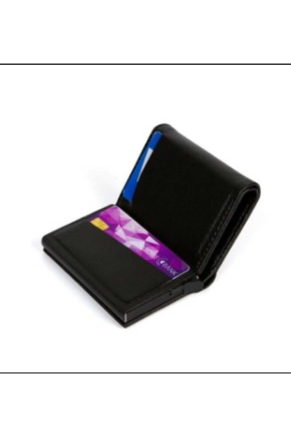 Özyuvam-Unisex Black Leather Automatic Slide Card Holder Wallet with Money Compartment Mechanism 2