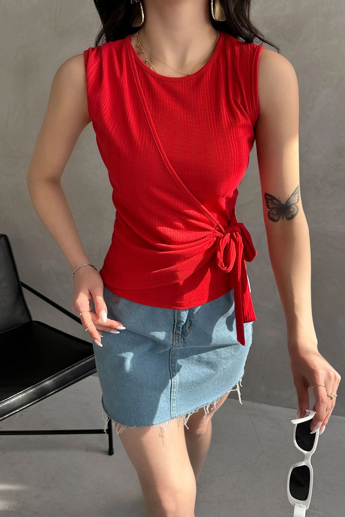 bacc-Red Strap Blouse with Double Breasted Tie Front Bcdf- 252180 2