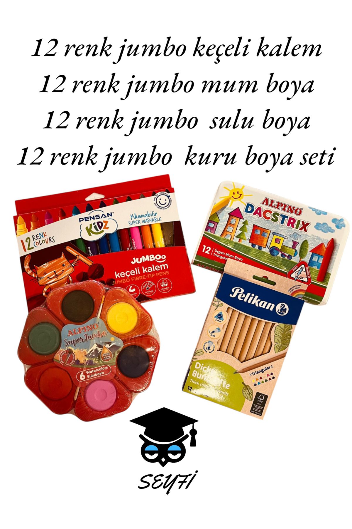 12 renk jumbo keçeli kalem 12 renk jumbo mum boya 12 renk jumbo sulu boya 12 renk jumbo  kuru boya