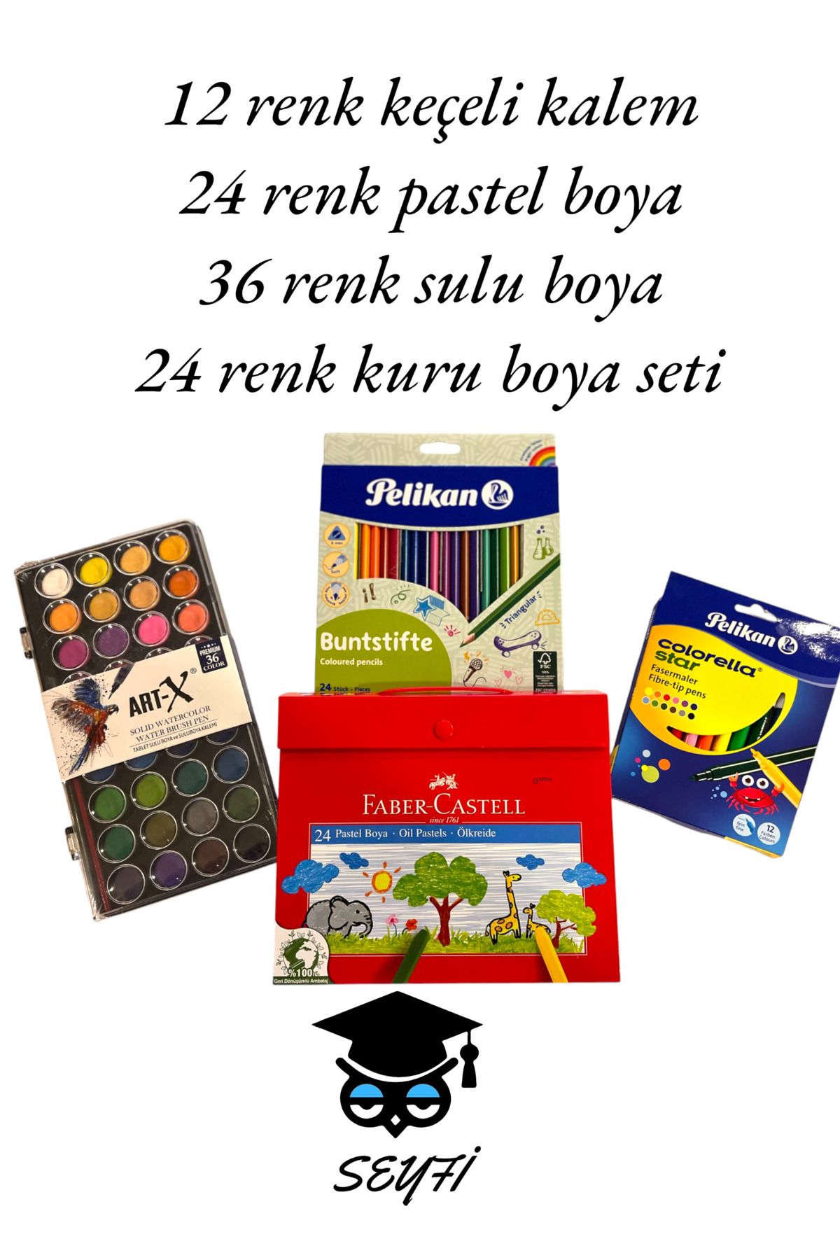 12 renk keçeli kalem 24 renk pastel boya  36 renk sulu boya  24 renk kuru boya seti