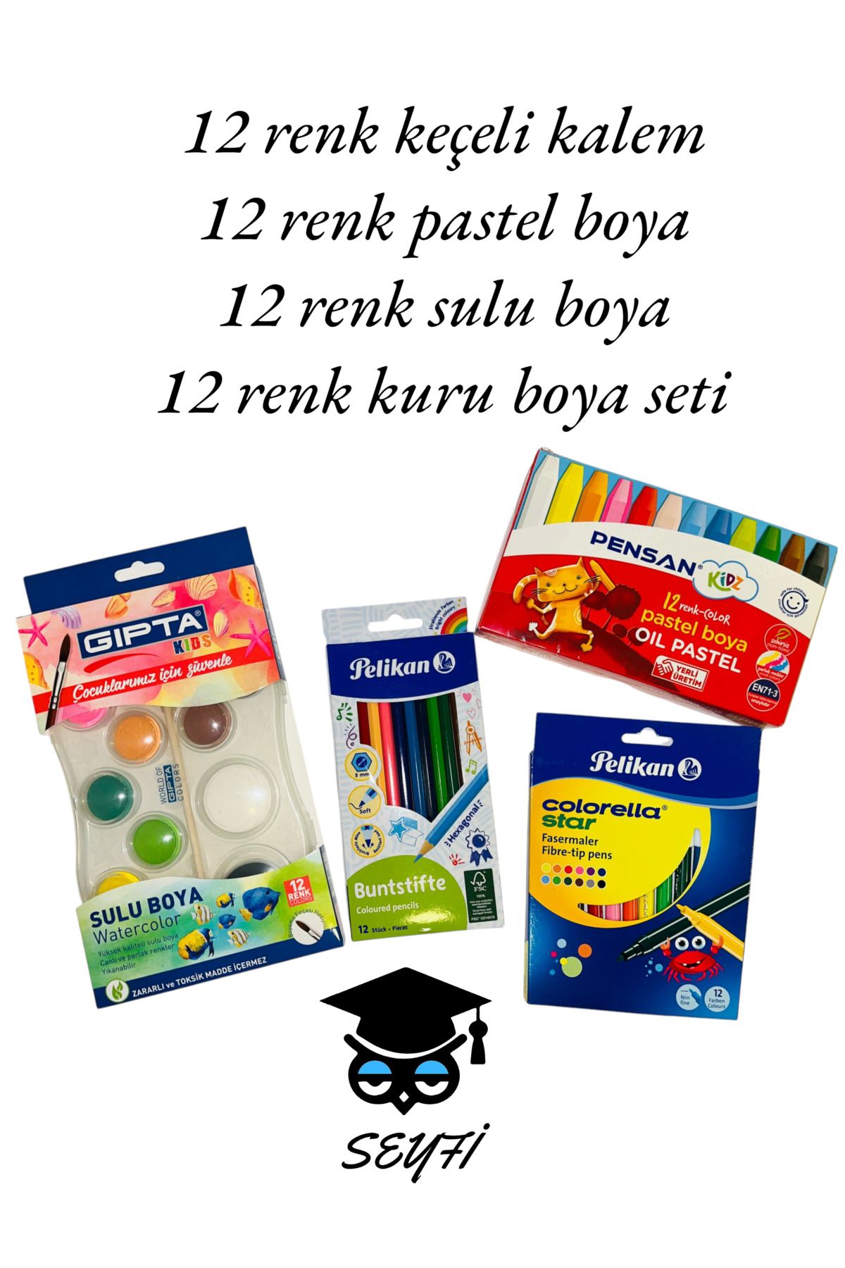 12 renk keçeli kalem 12 renk pastel boya  12 renk sulu boya  12 renk kuru boya set-3