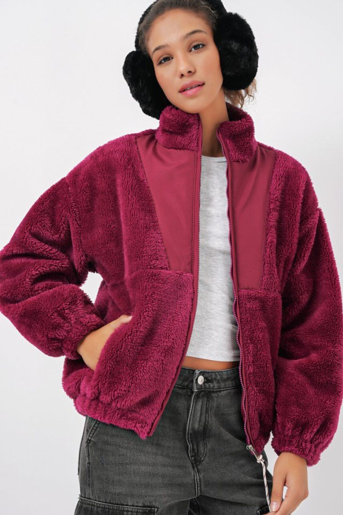 Albayrak 5194 Peluş Mont Ceket - Mürdüm