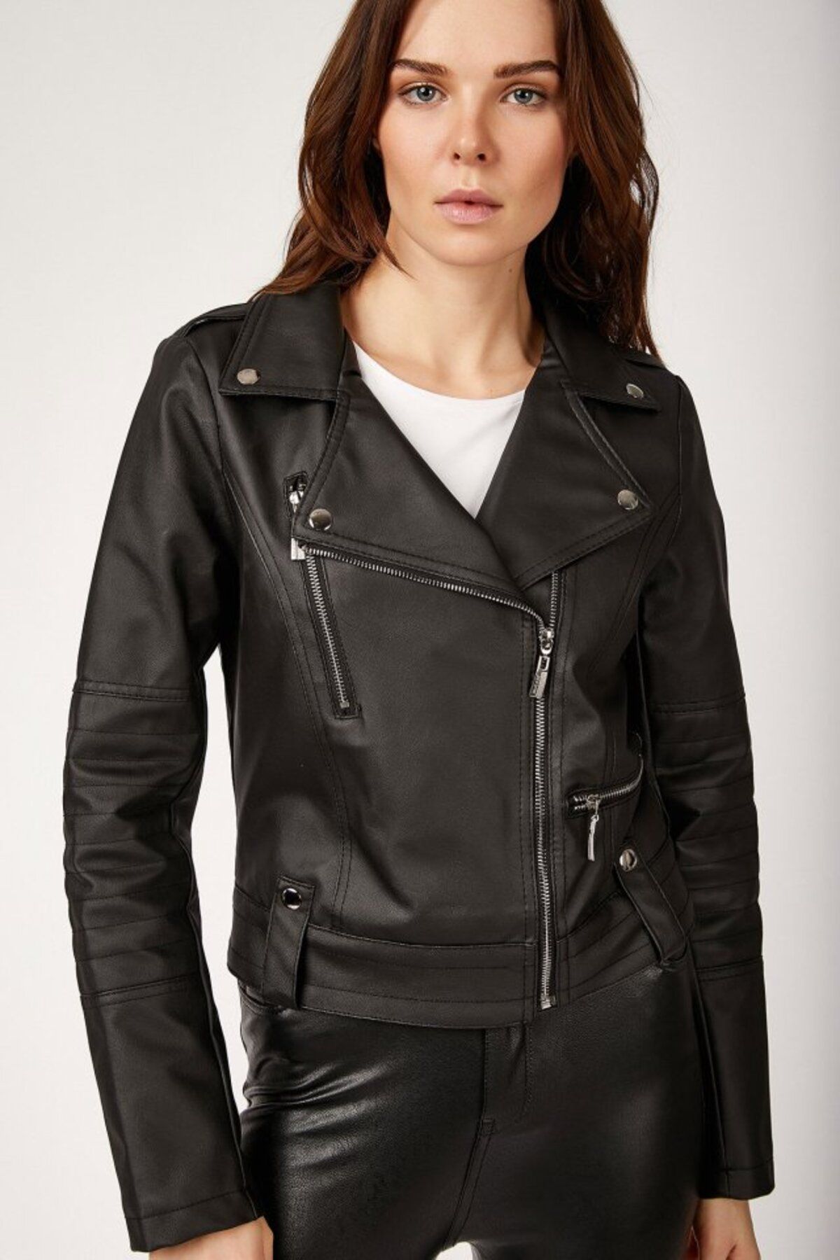 novafems 1025 Suni Deri Biker Ceket - Siyah