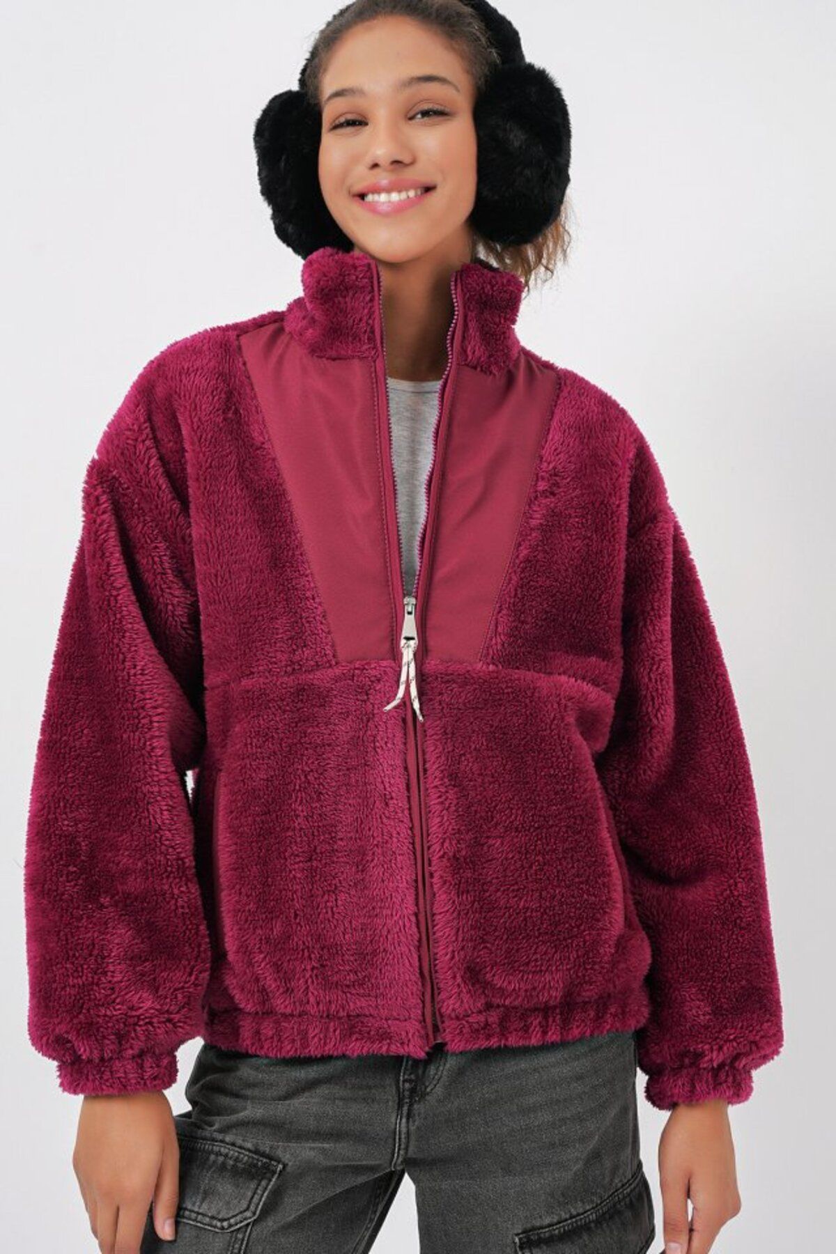 novafems 5194 Peluş Mont Ceket - Mürdüm