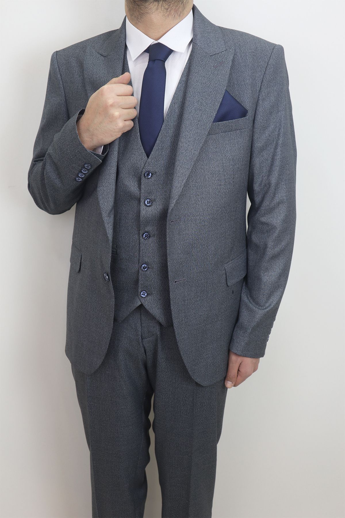 DUAYEN-Fistan Store Men's Navy Blue Straight Italian Cut Regular Fit Double Button Vest Suit 2
